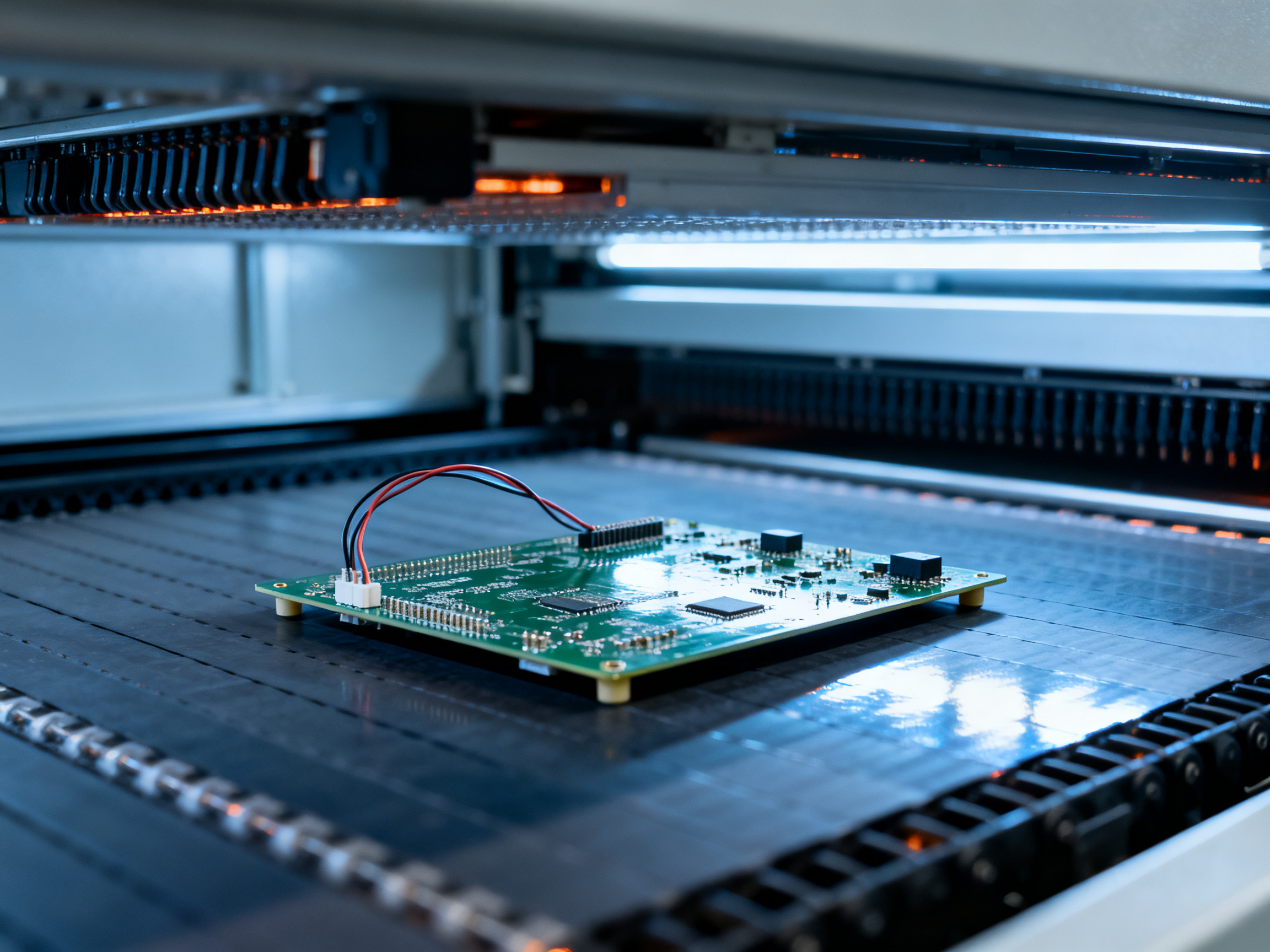 Close up documentary view inside an SMT reflow oven chamber during profiling the thermal process.