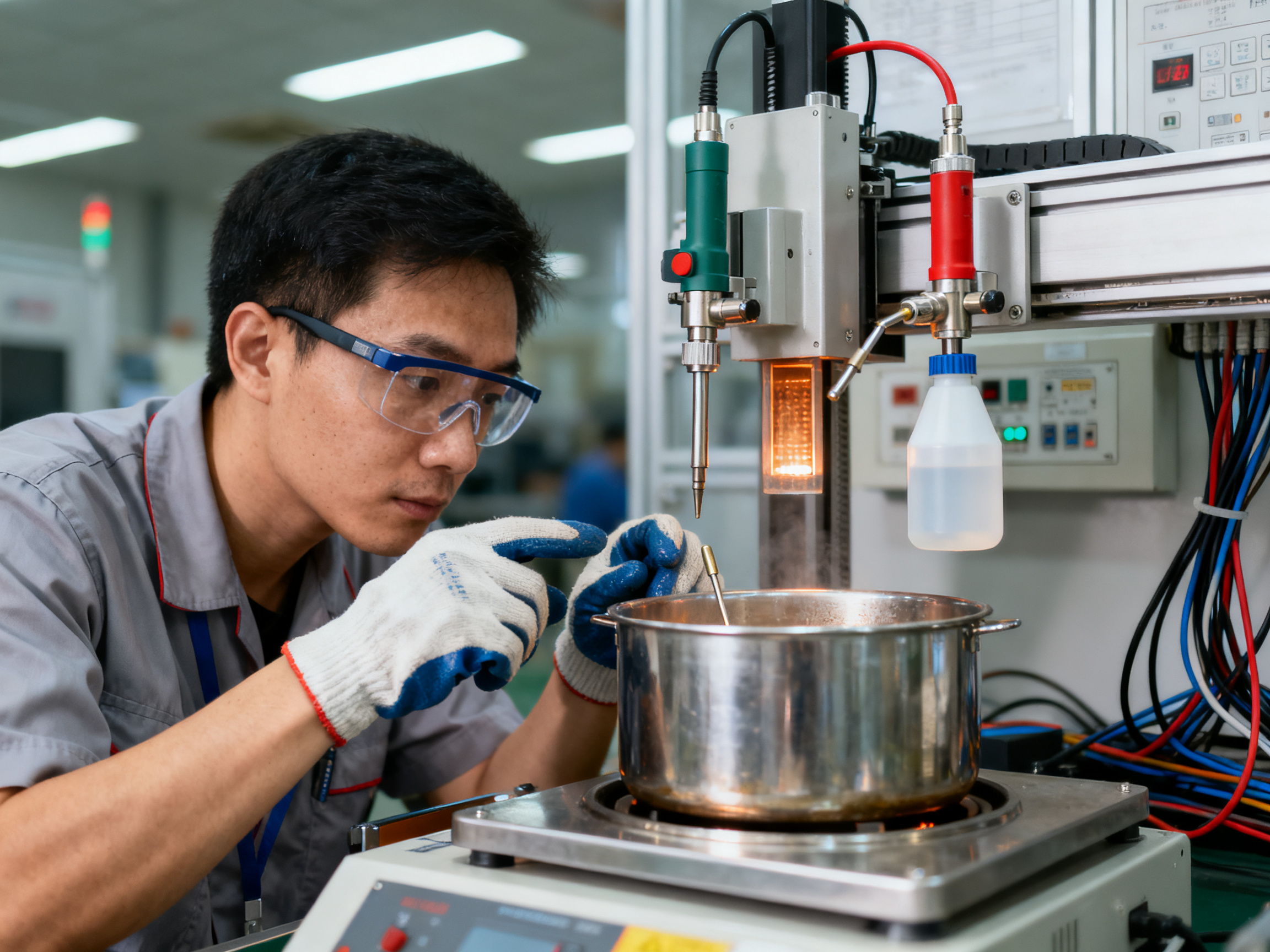 Close up documentary view of a wave solder machine maintenance operation technician.