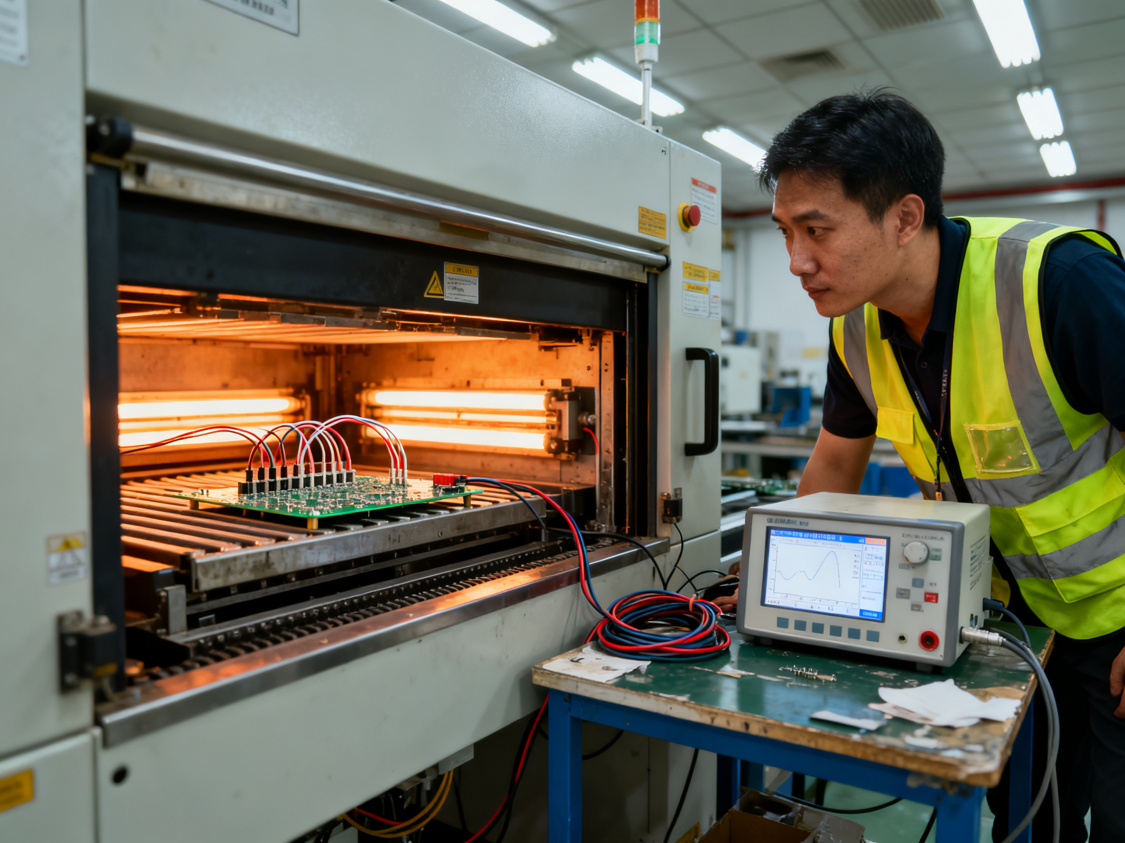 Close up documentary view of reflow oven heating zones interior thermocouple wiring.