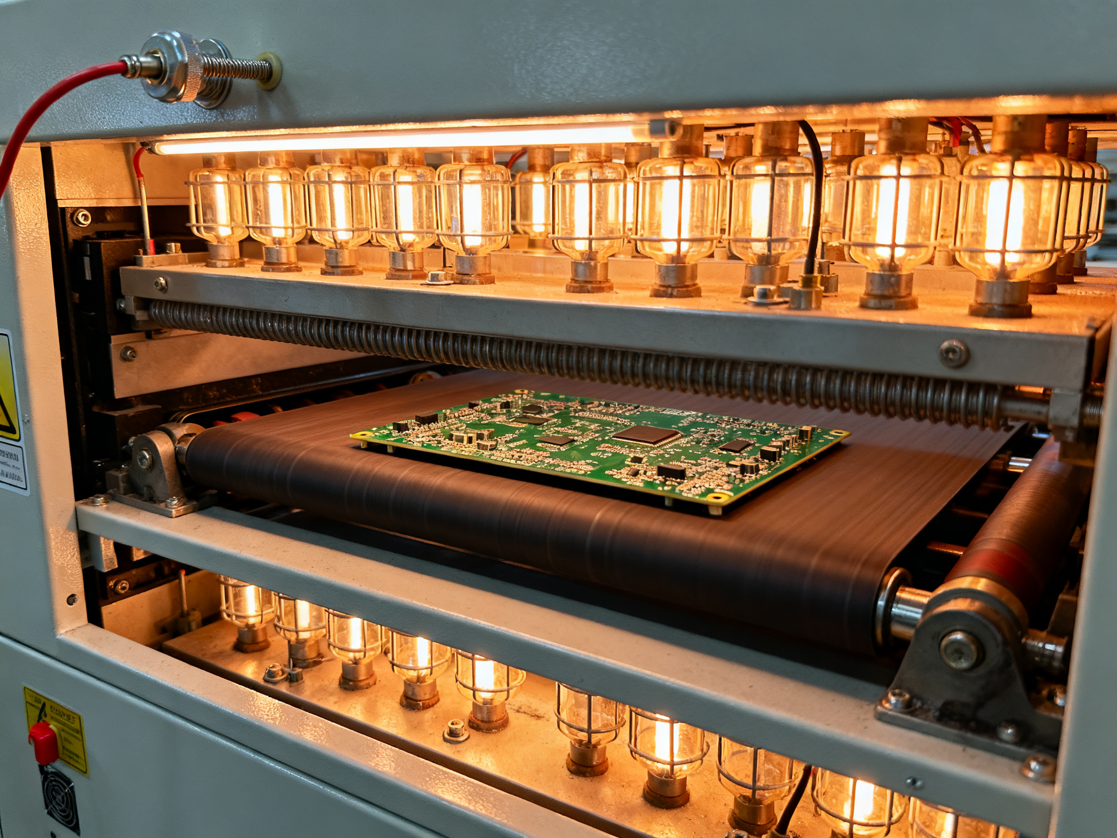 Close up documentary view of SMT reflow oven heating zones interior multi zone f.