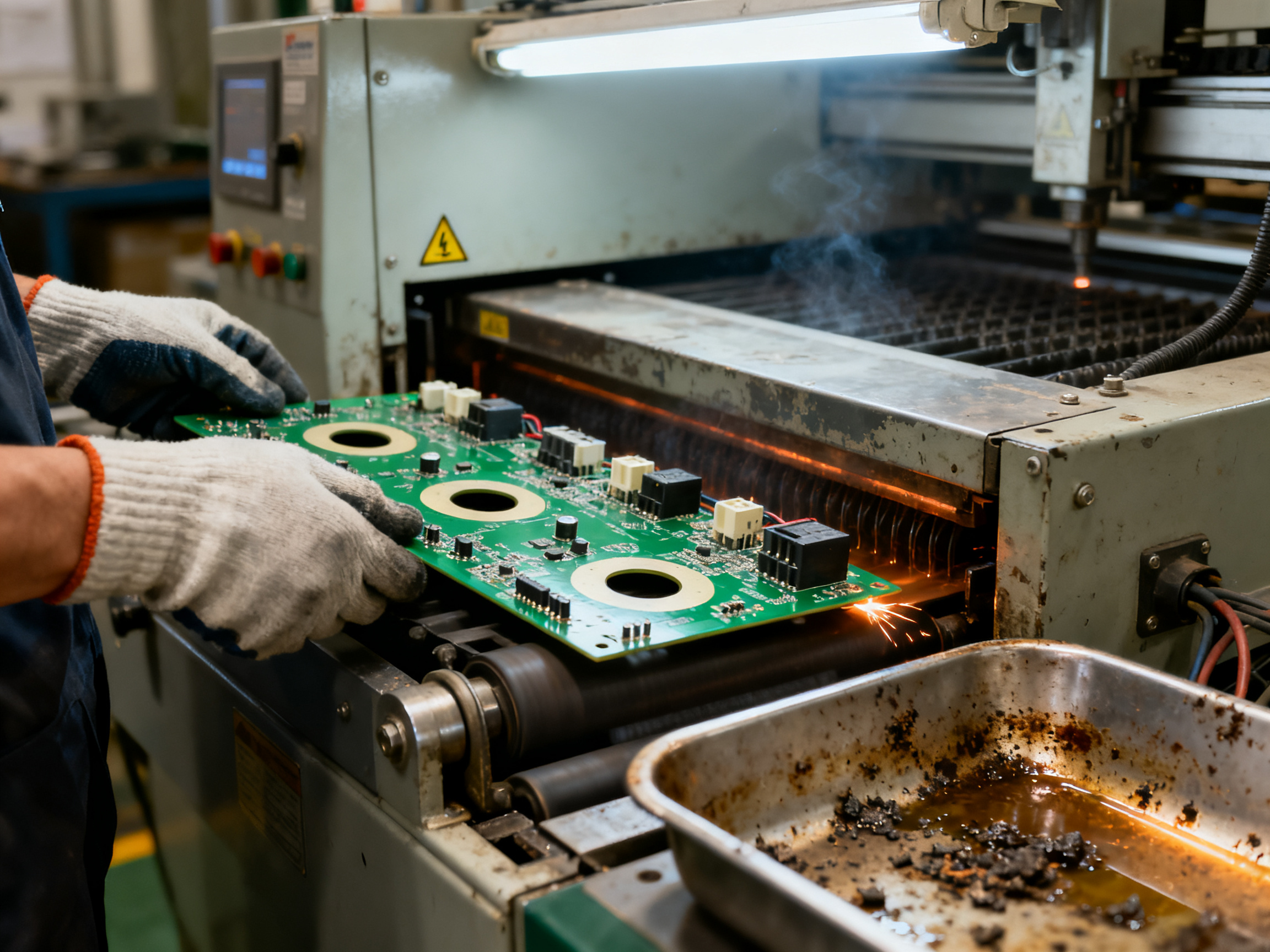 Close up industrial documentary photo of a technician's gloved hands at a solder.