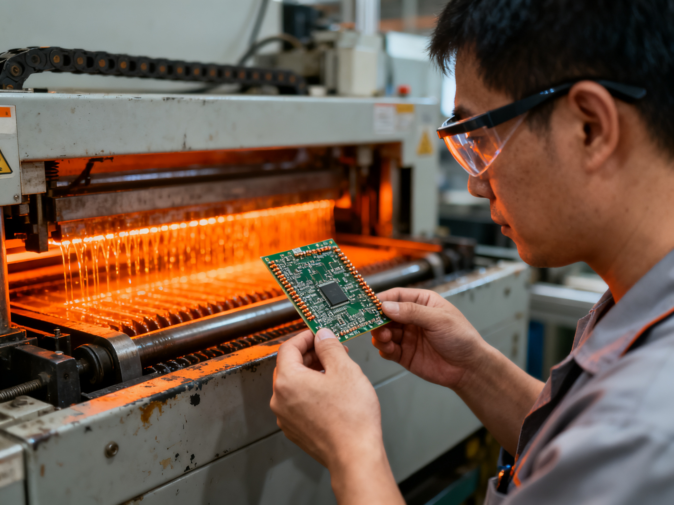 Close up industrial documentary photograph of wave soldering process detail a technology.