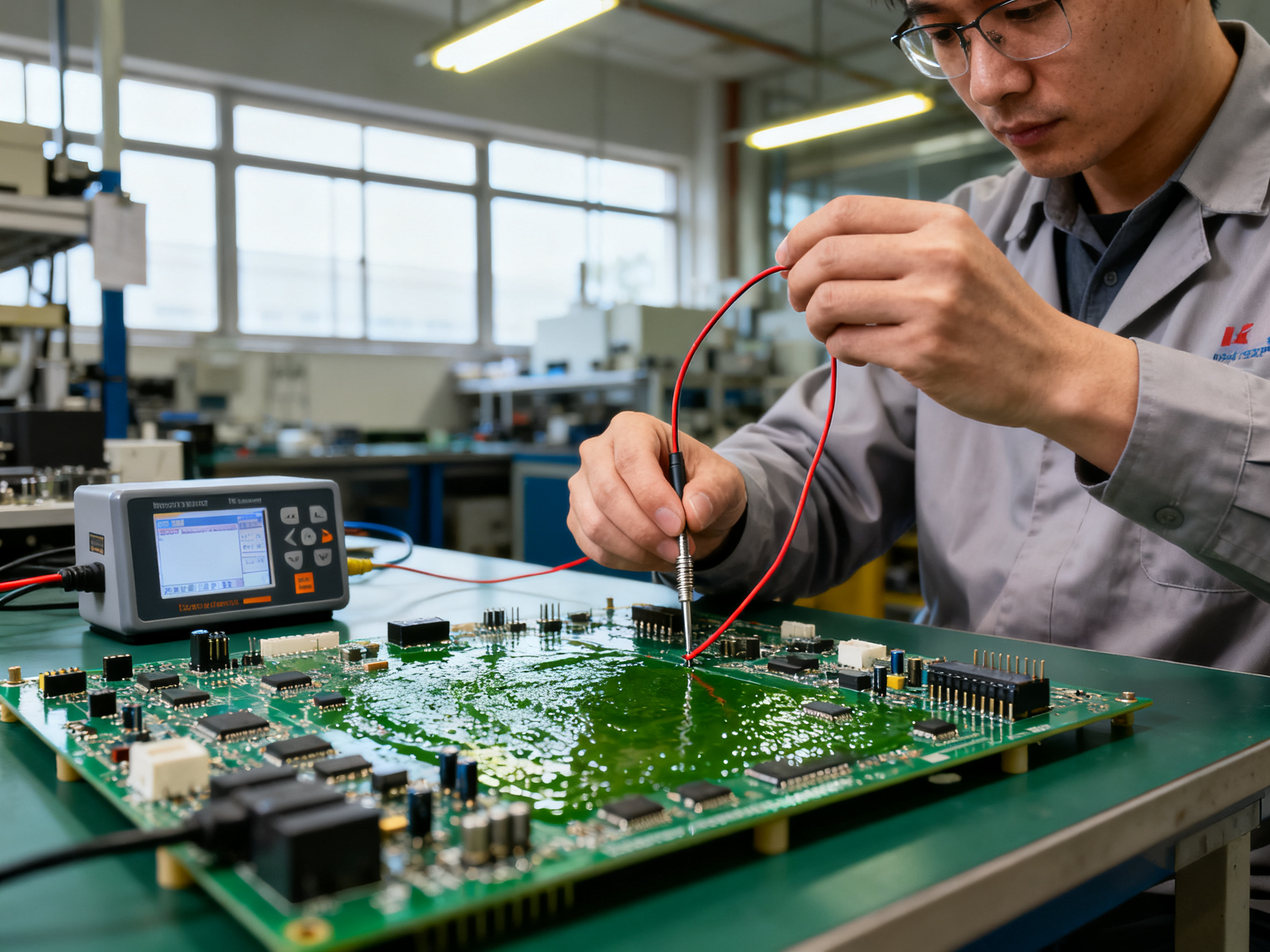 Close up of an engineer attaching a thermocouple wire probe to a pcb assembly.