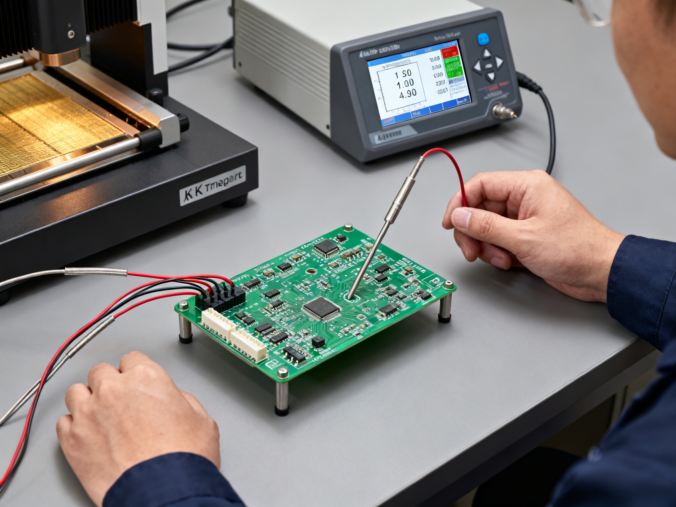 Close up of pcb with thermocouples attached during reflow profiling k type senso.