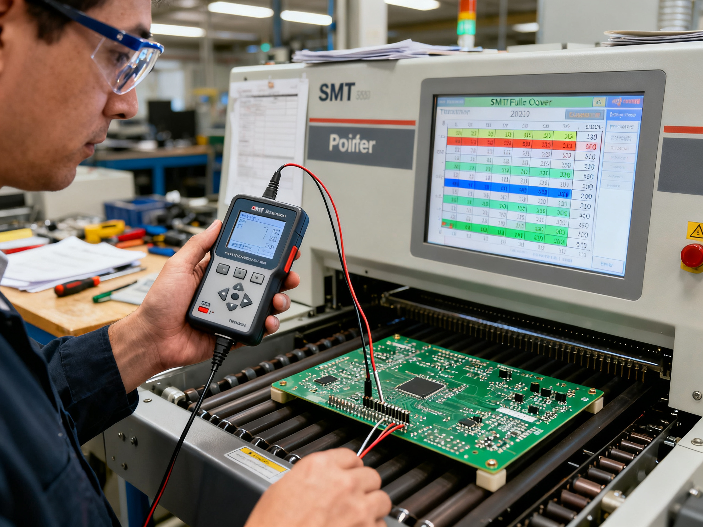 A close up view of a thermal profiling session on an SMT reflow oven an engineer i.