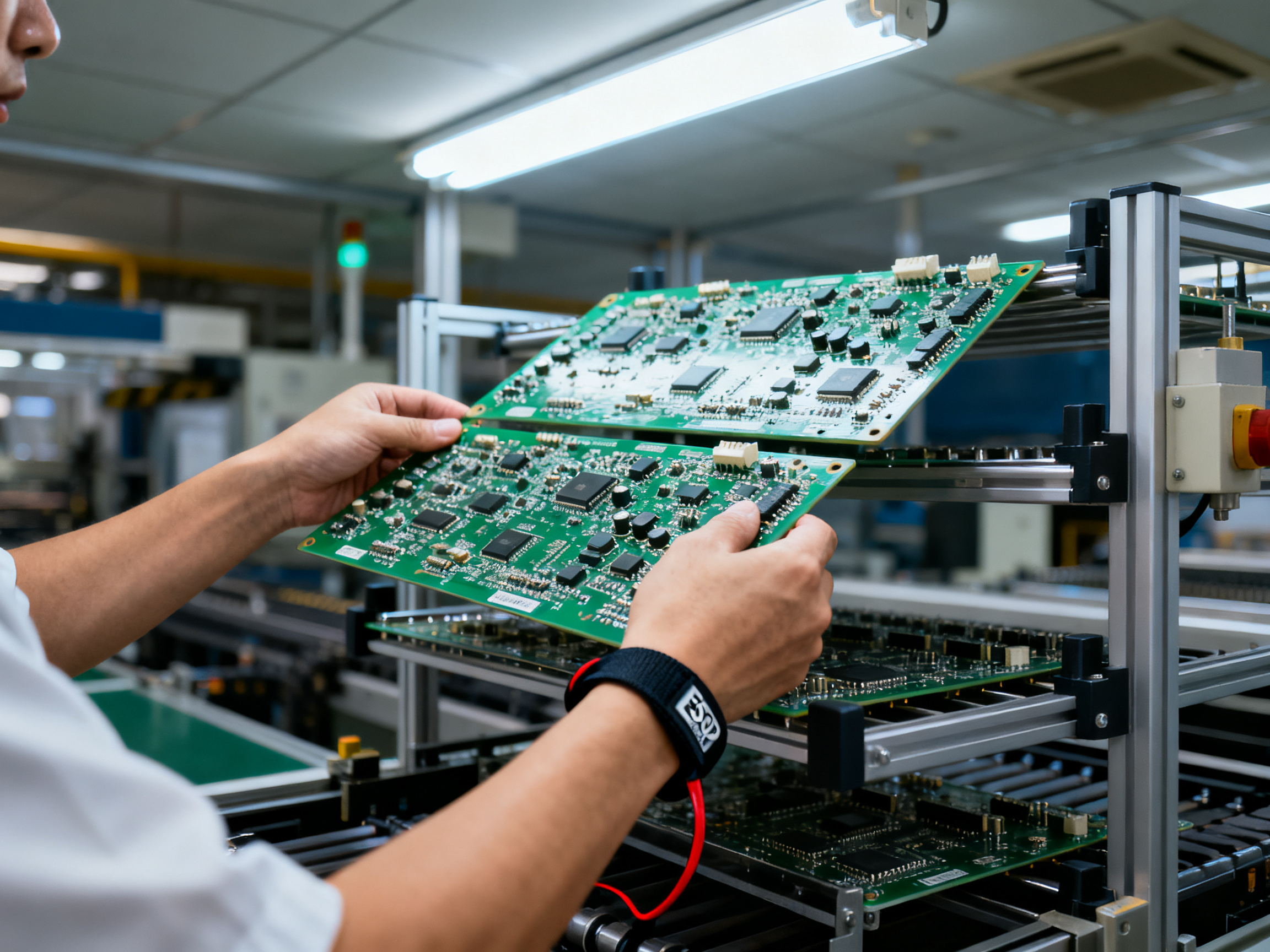 Close up view of an operator in an electronics assembly factory carefully placing components.