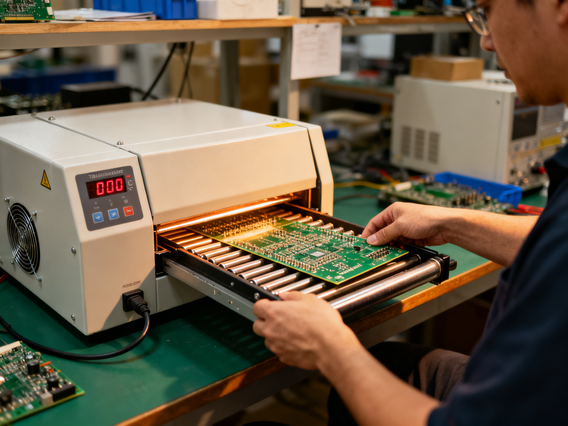 Documentary scene of a small electronics workshop with a benchtop reflow oven on.