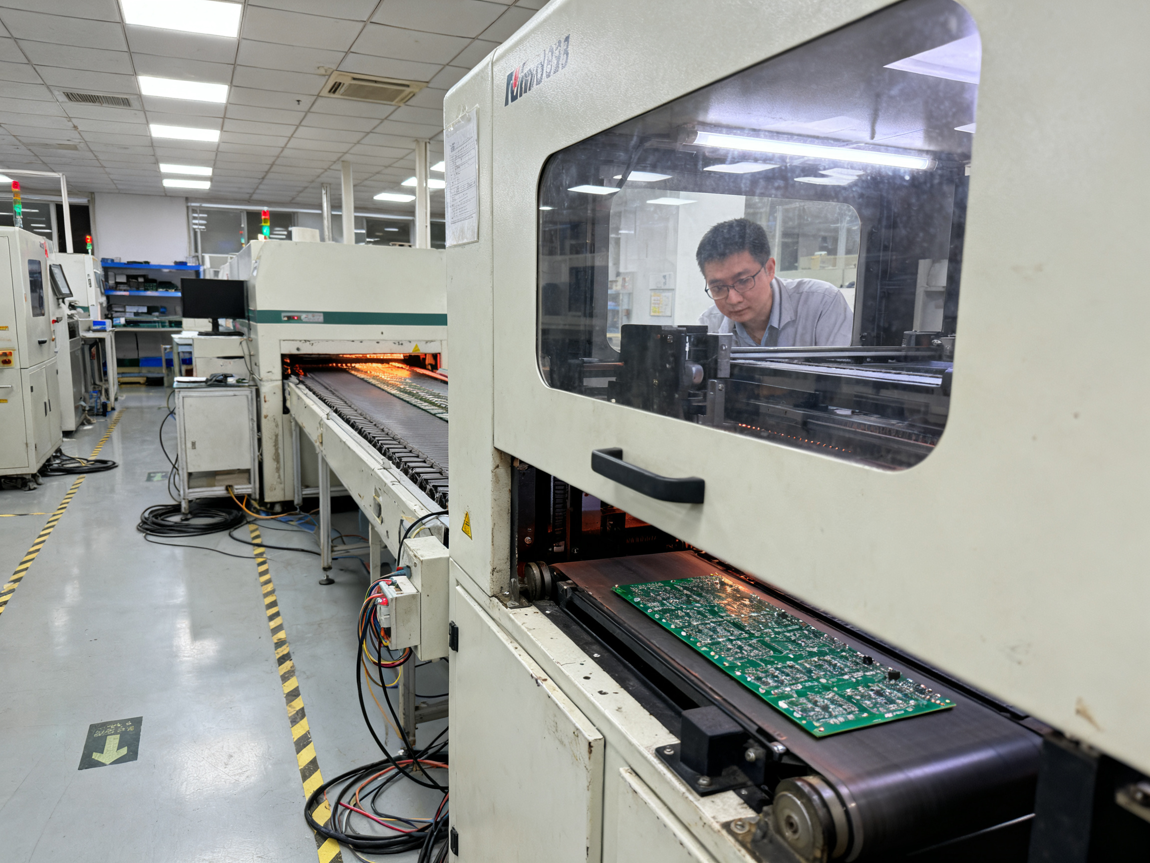 Documentary style SMT factory floor with reflow oven in mid production conveyor belt.