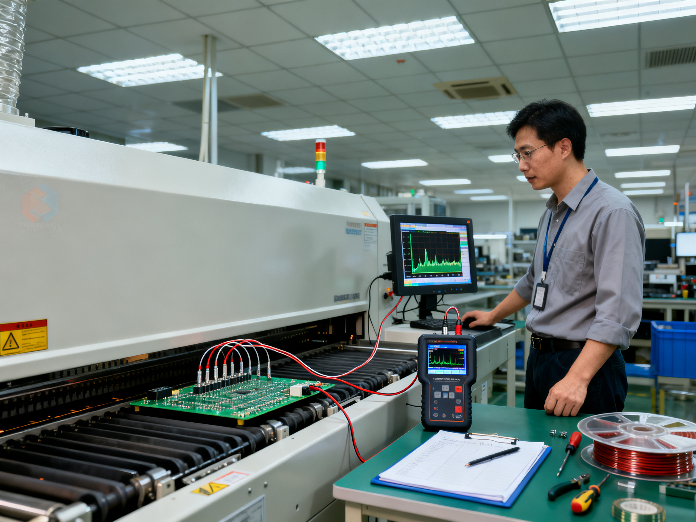 Documentary view of an engineer validating a reflow profile on a data logger screen showing thermal measurements.
