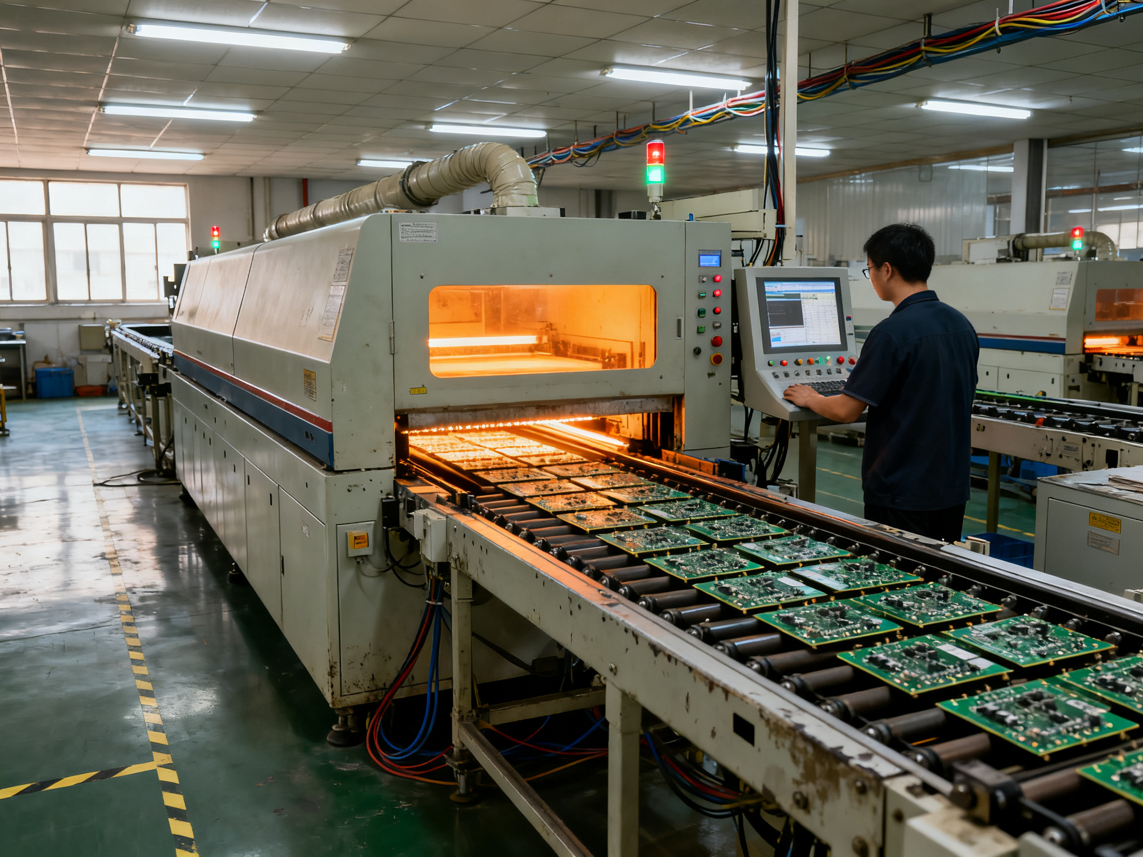 Electronics assembly line with a reflow oven connected to upstream and downstream equipment.
