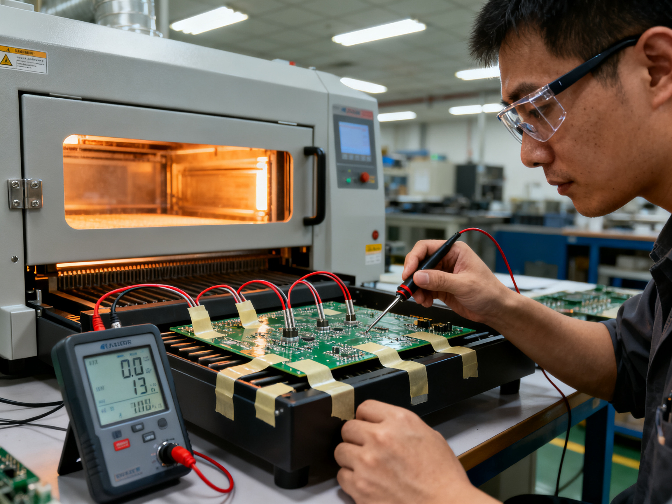 Electronics engineer performing temperature profiling on a PCB inside a benchtop reflow oven.