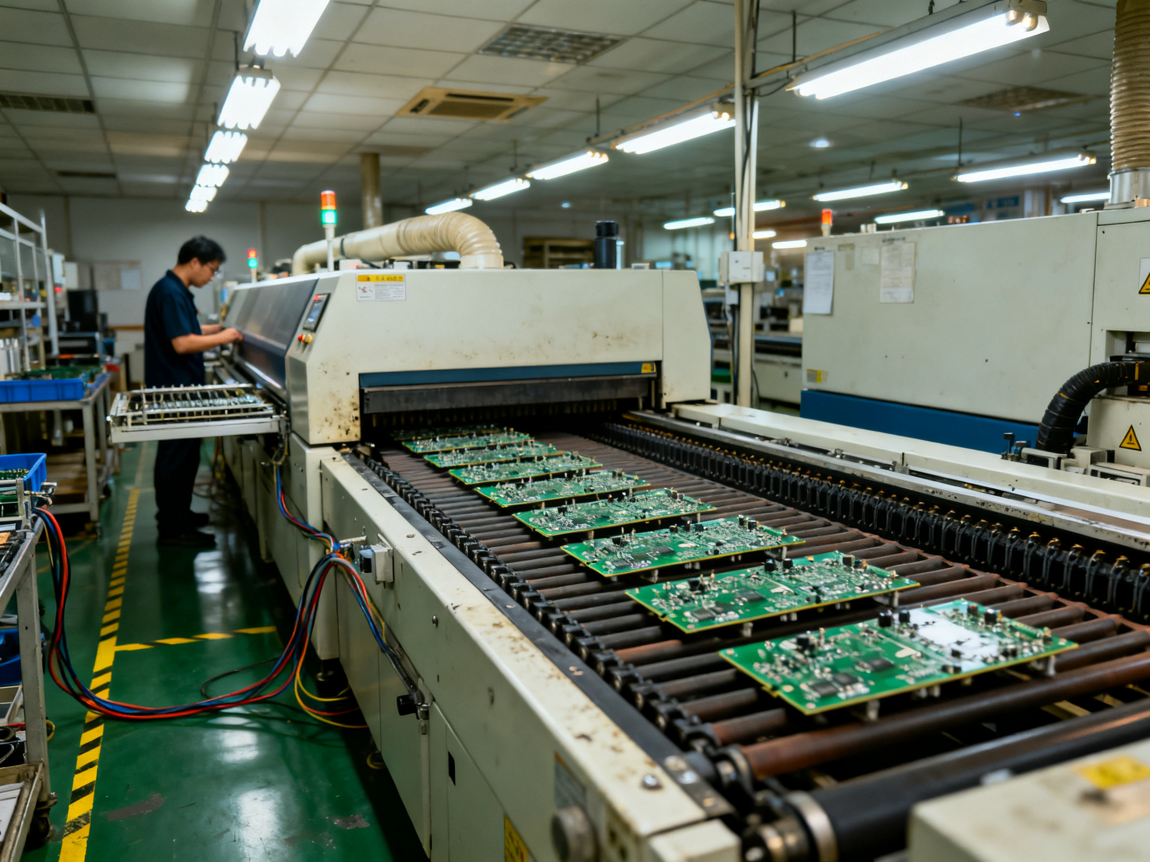Electronics factory floor documentary shot showing a reflow soldering oven mid production.