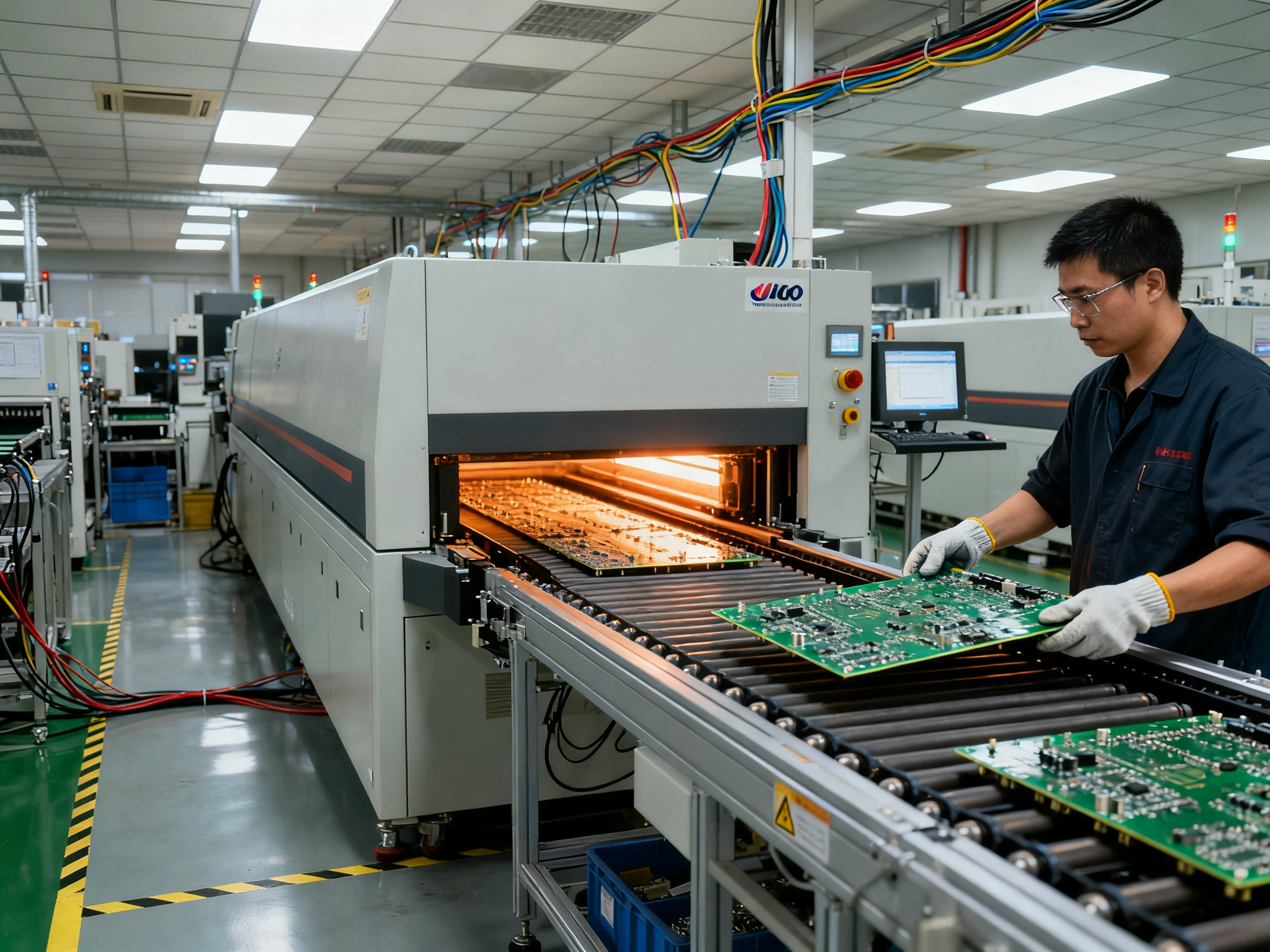 Electronics factory floor reflow oven mid production run operator in safety gloves.