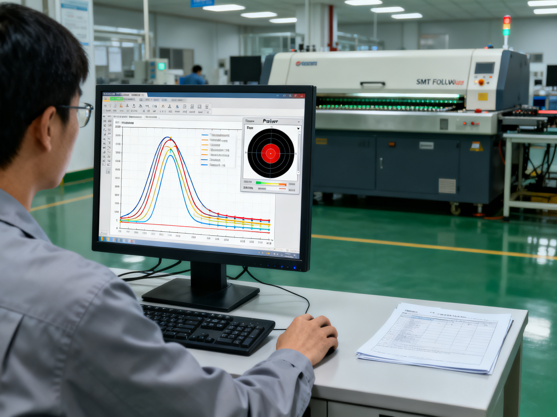 Engineer at workstation reviewing thermal profile data on computer screen profiler software.