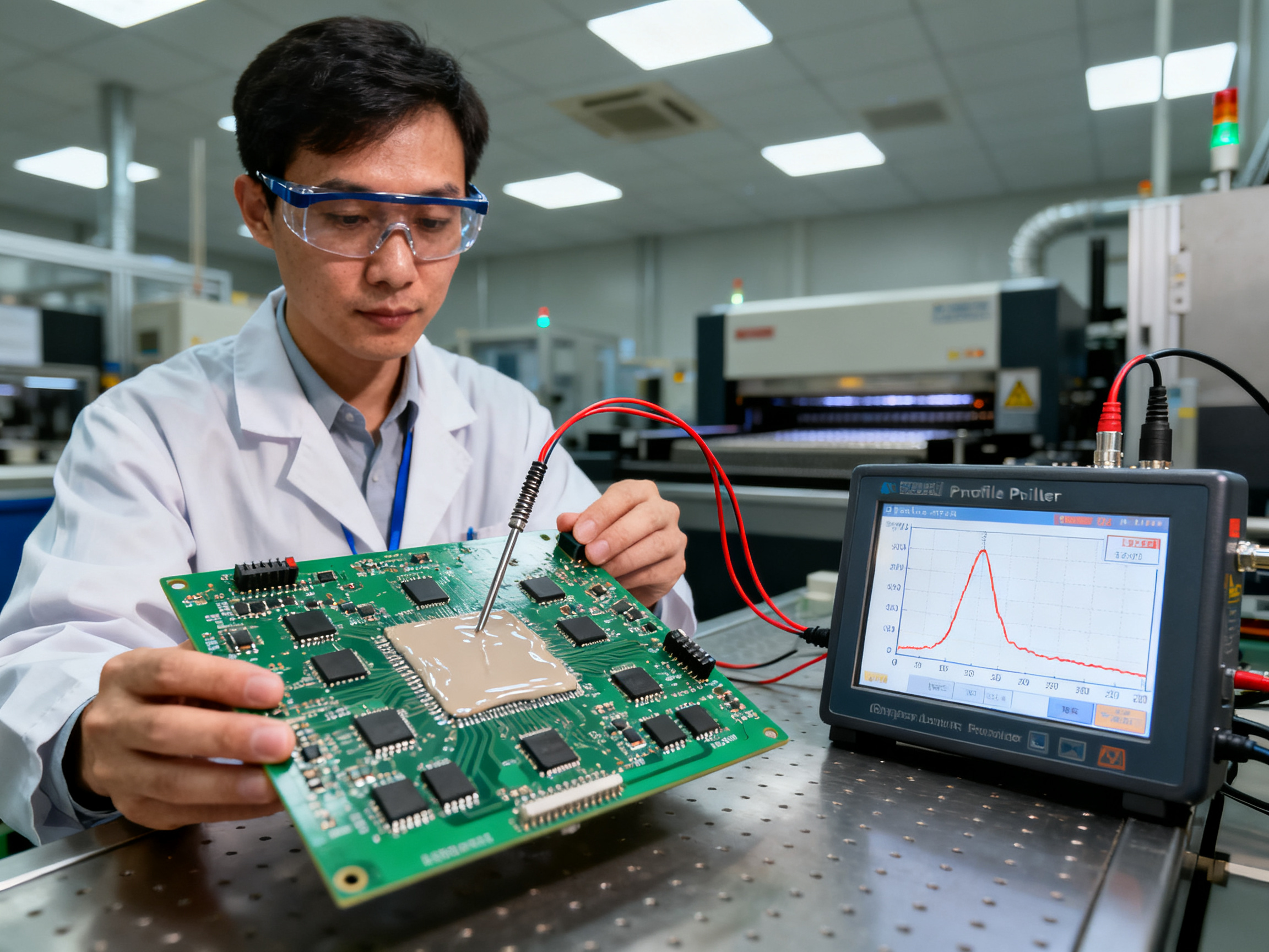 Engineer in safety glasses and lab coat validating reflow process with thermocouple on PCB assembly during quality control inspection