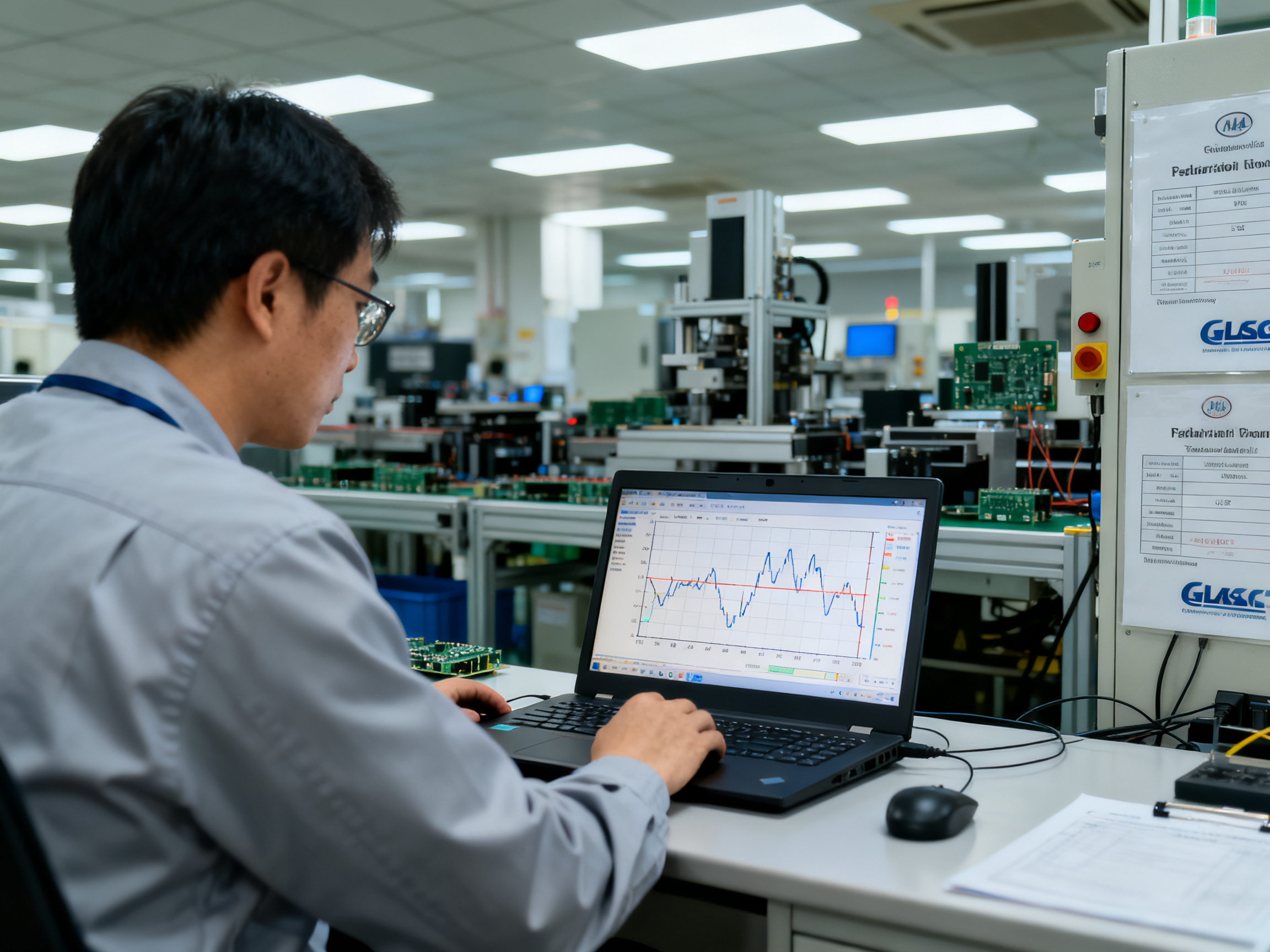 Engineer reviewing temperature profile data curves on a laptop screen in an elec.