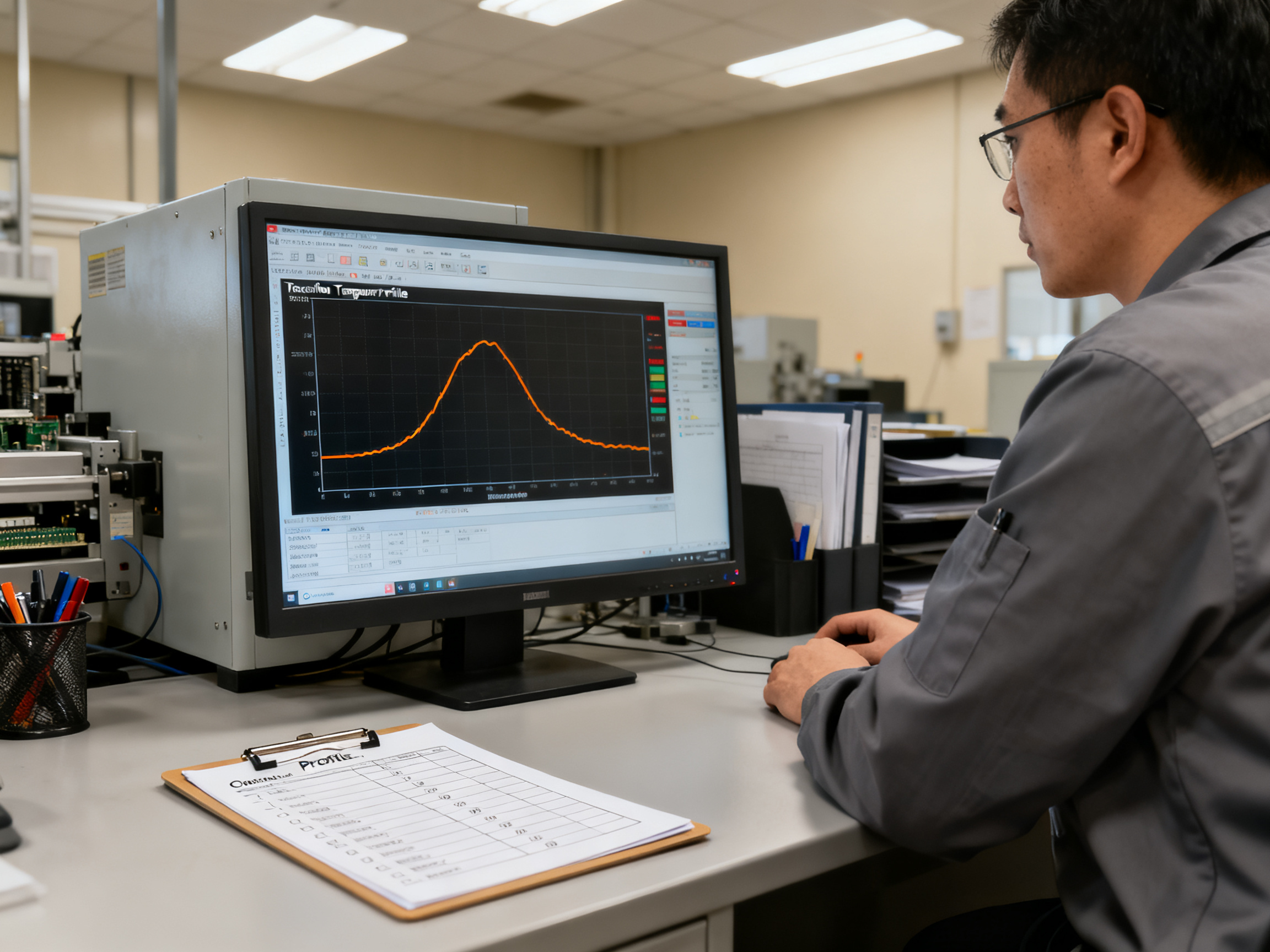 Engineer reviewing thermal profile data on industrial monitor in factory office.