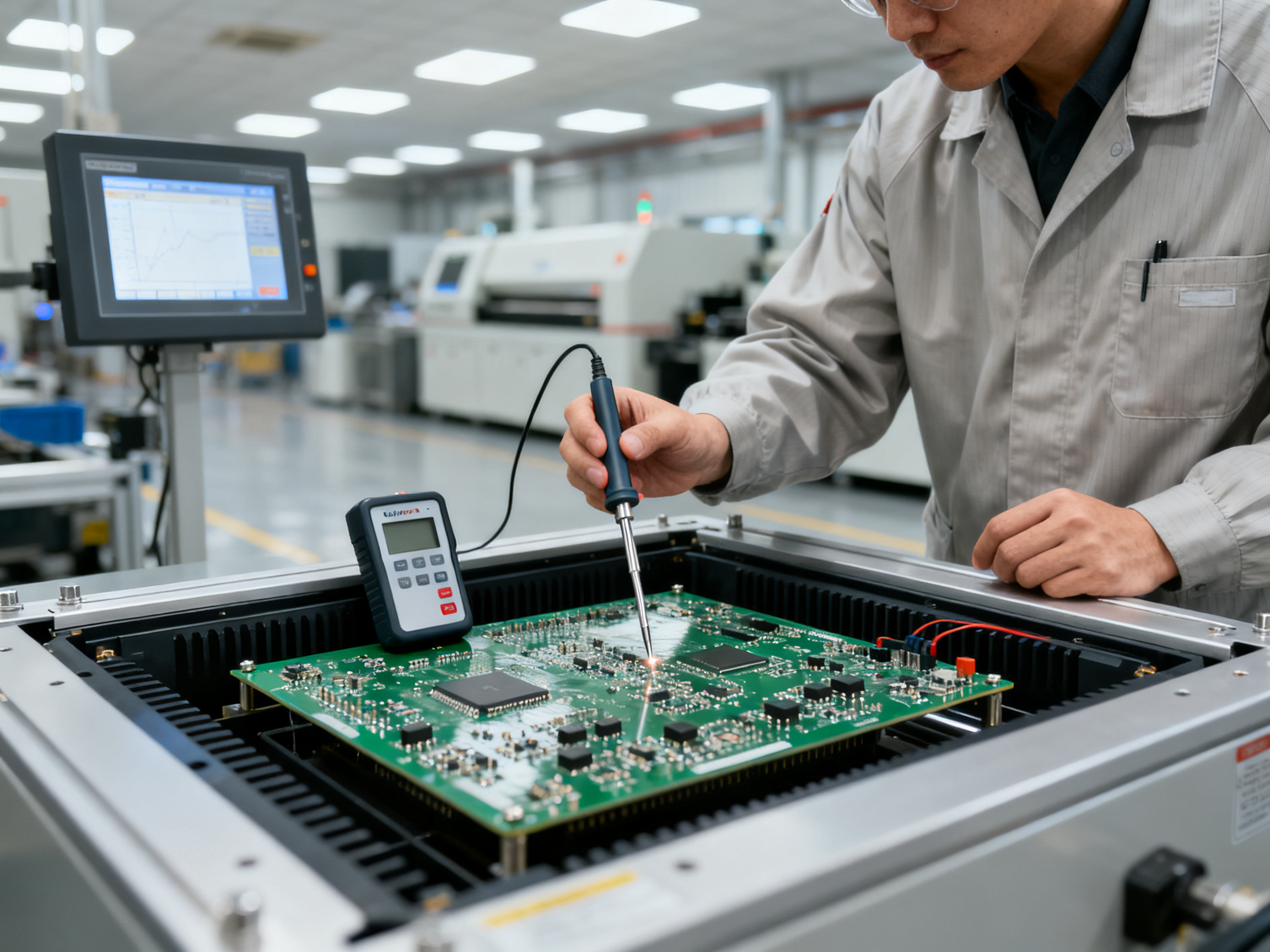 Engineer validating reflow oven thermal profile on the production floor technici.