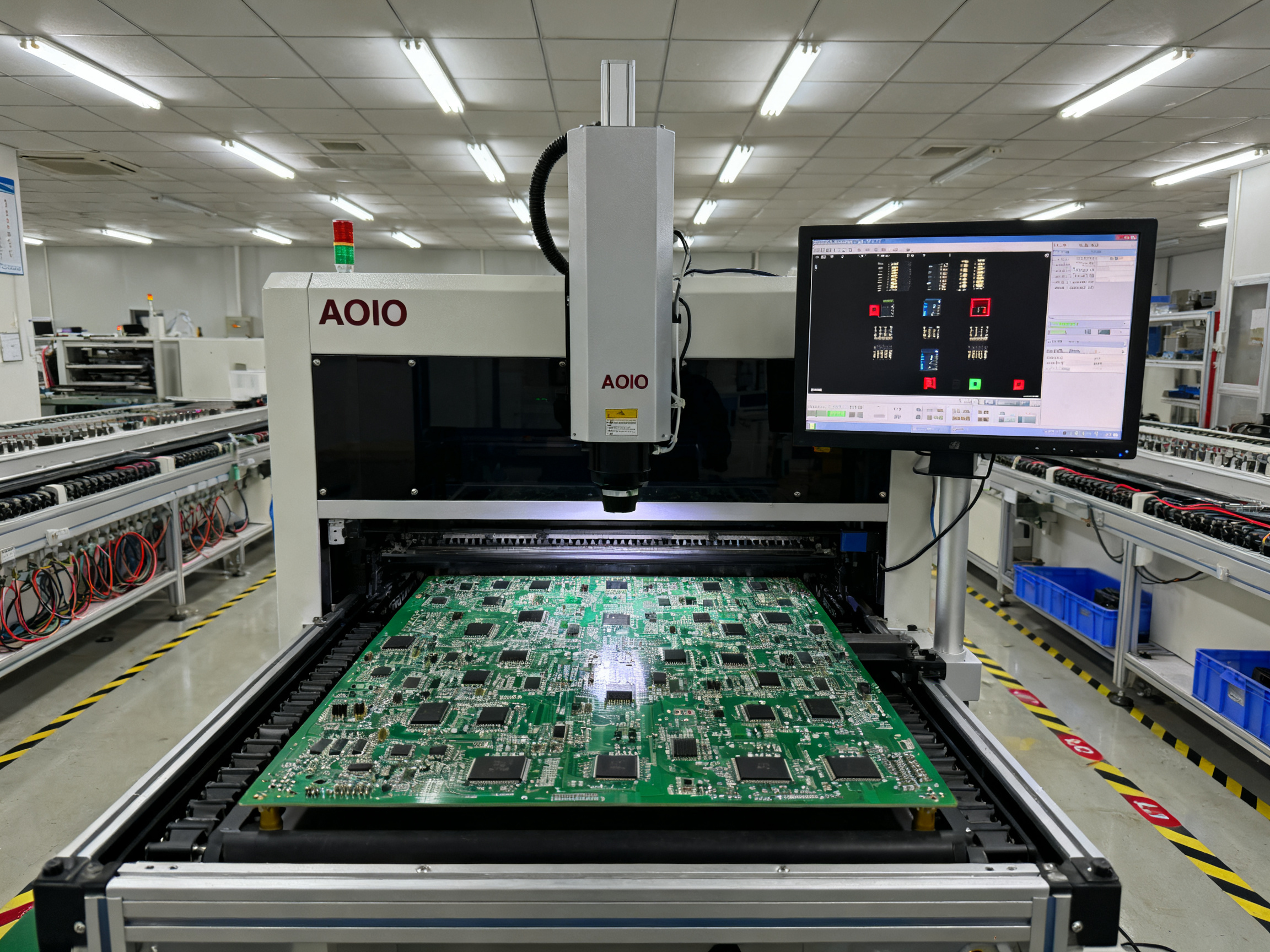 Engineering view of an AOI inspection station in an SMT line with a populated circuit board being examined.