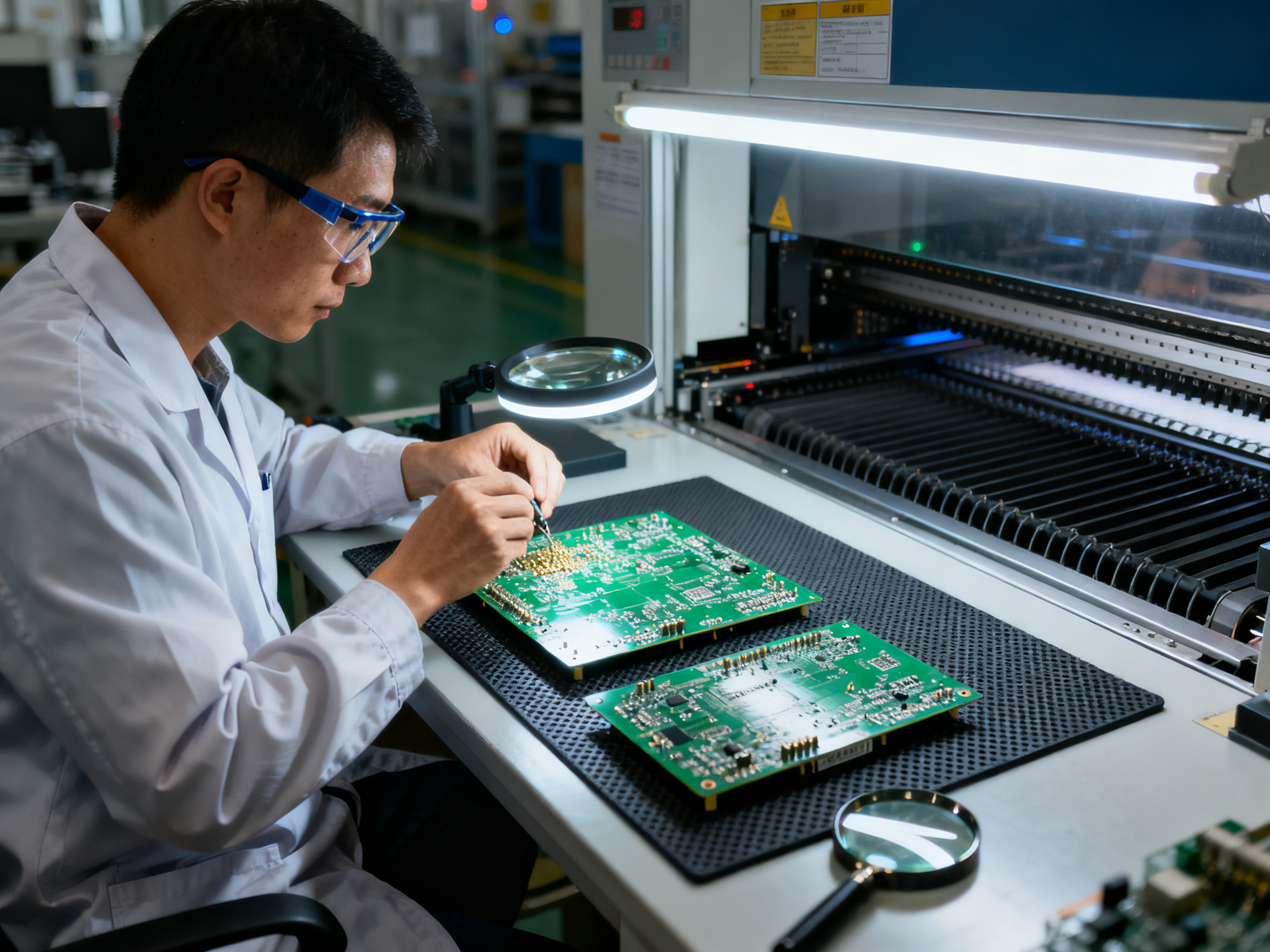 Factory engineer inspecting completed PCBs under bright task lighting at a quality control station.