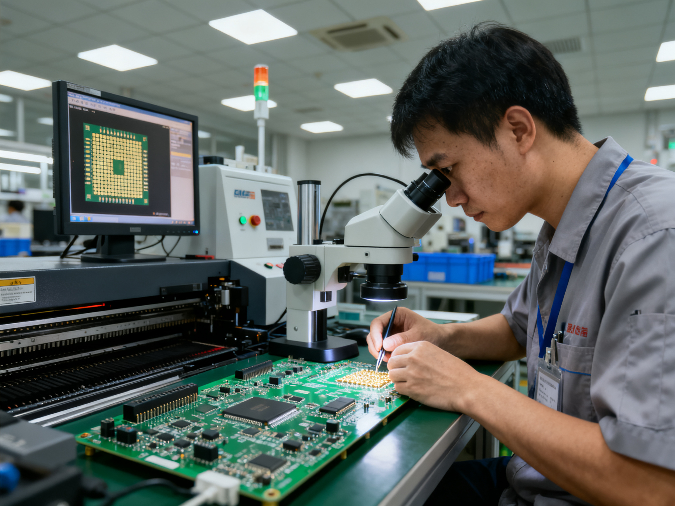 Factory floor scene with quality engineer examining solder joints under inspection microscope.