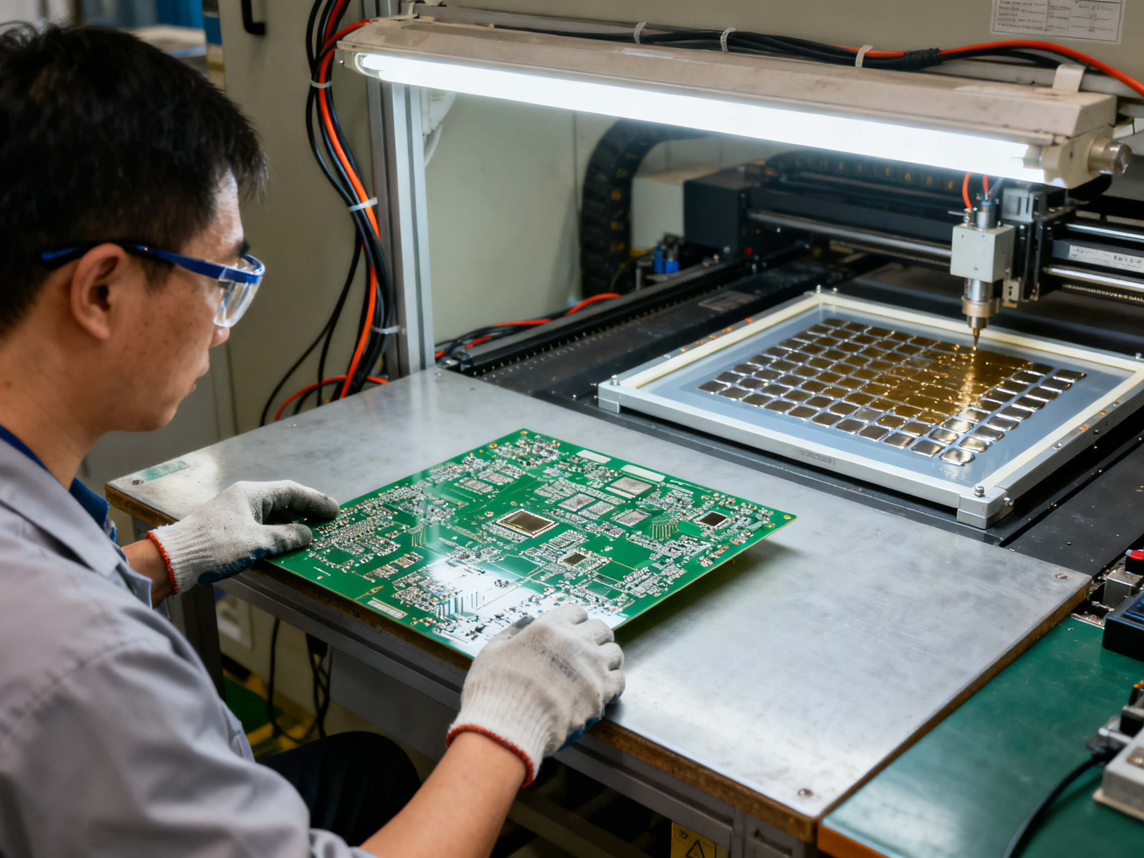 Factory floor view of an electronics assembly station with an operator wearing safety gear.