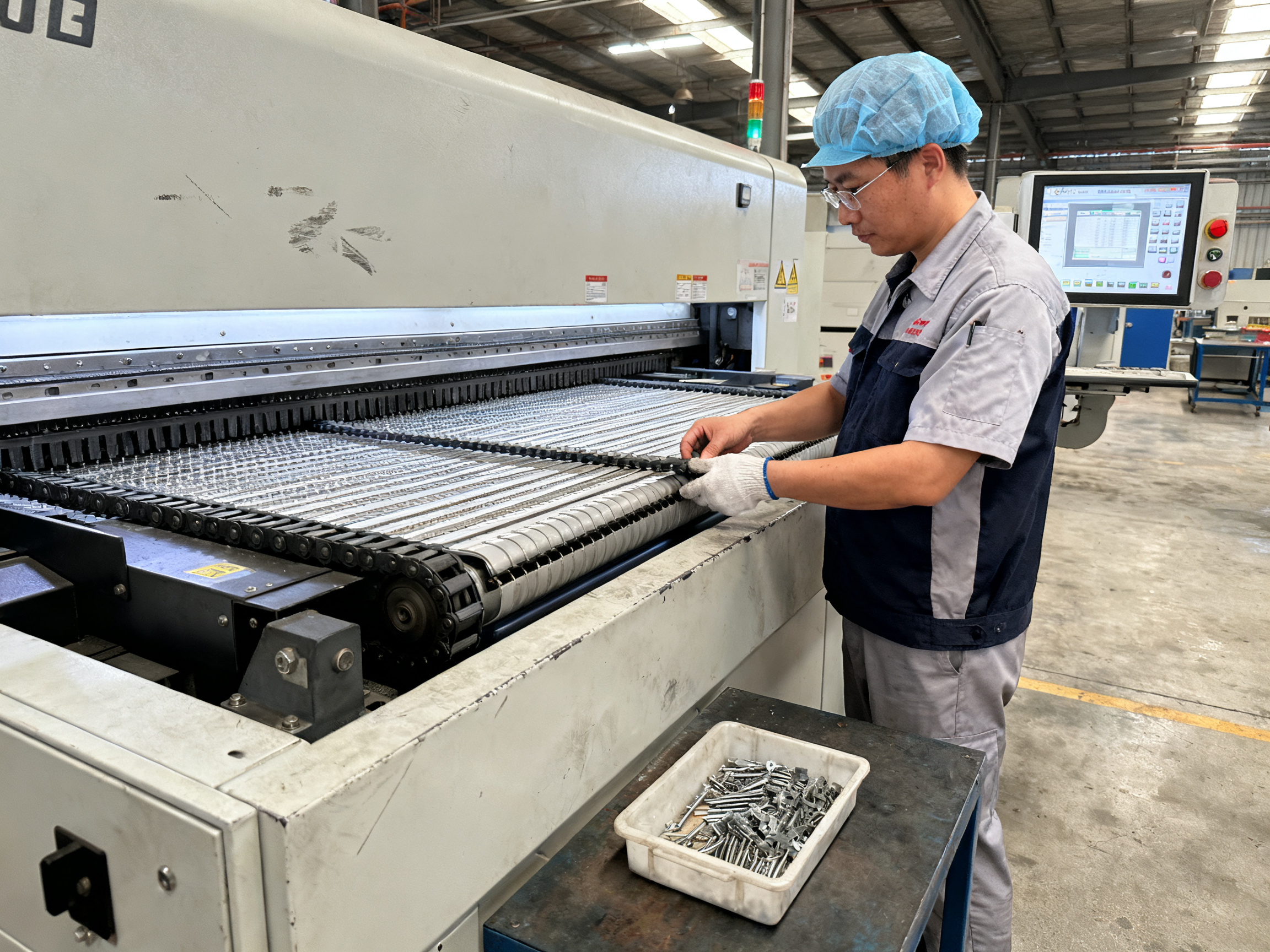 Factory technician performing preventive maintenance on a reflow soldering machine.