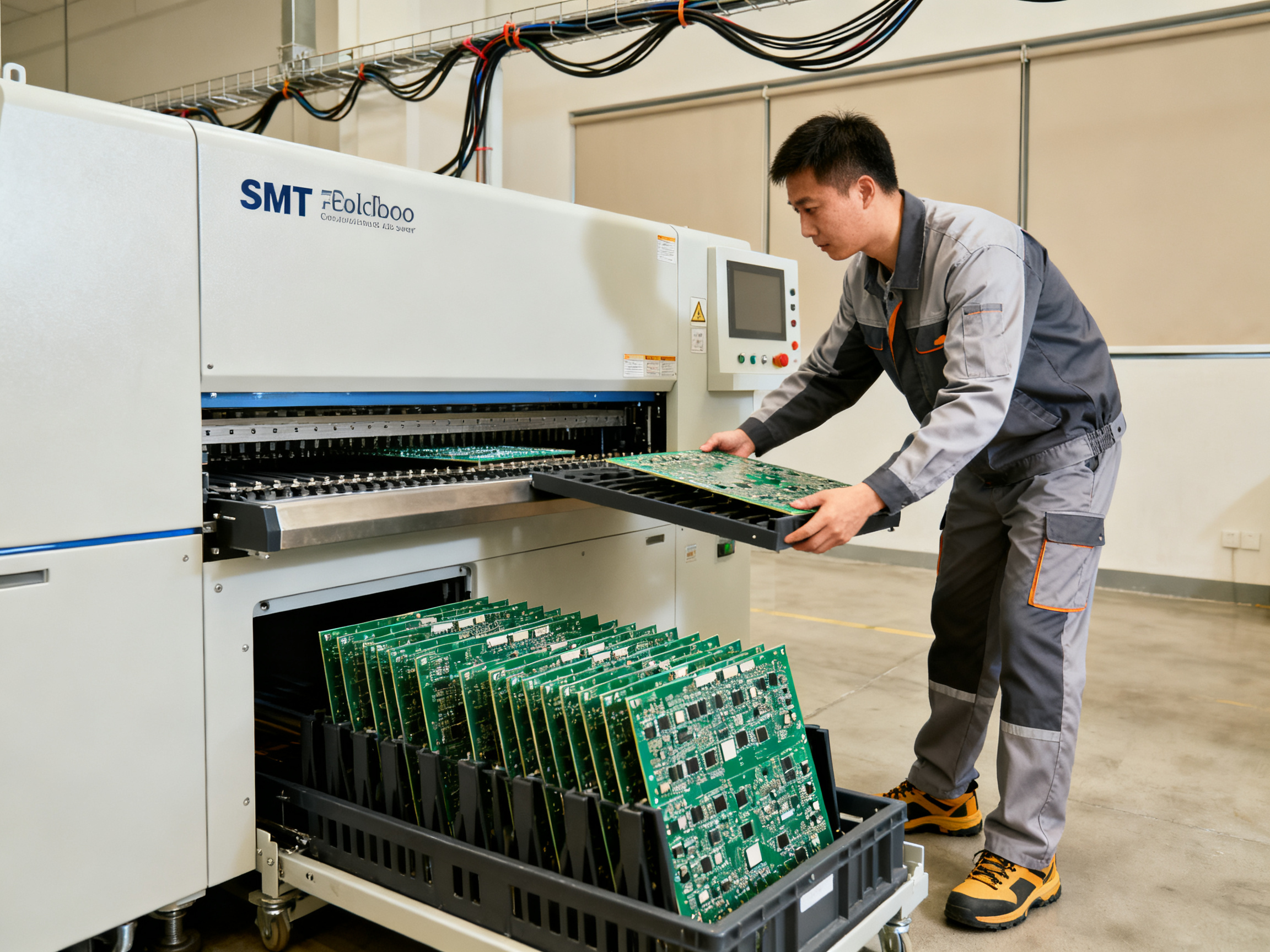Factory worker loading a circuit board magazine onto the reflow oven conveyor in.