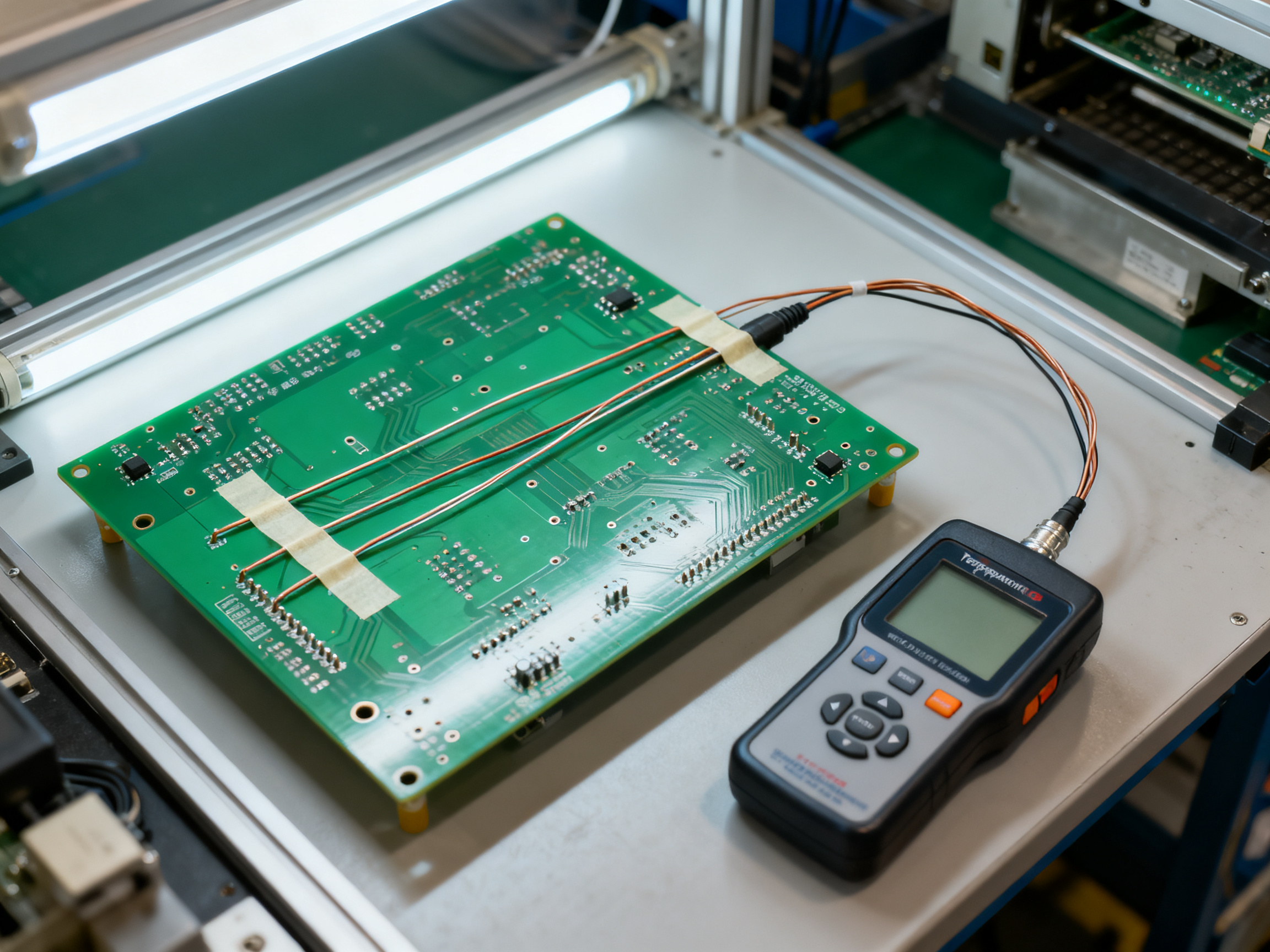 Industrial documentary photograph close overhead angled view of a bare printed circuit board.