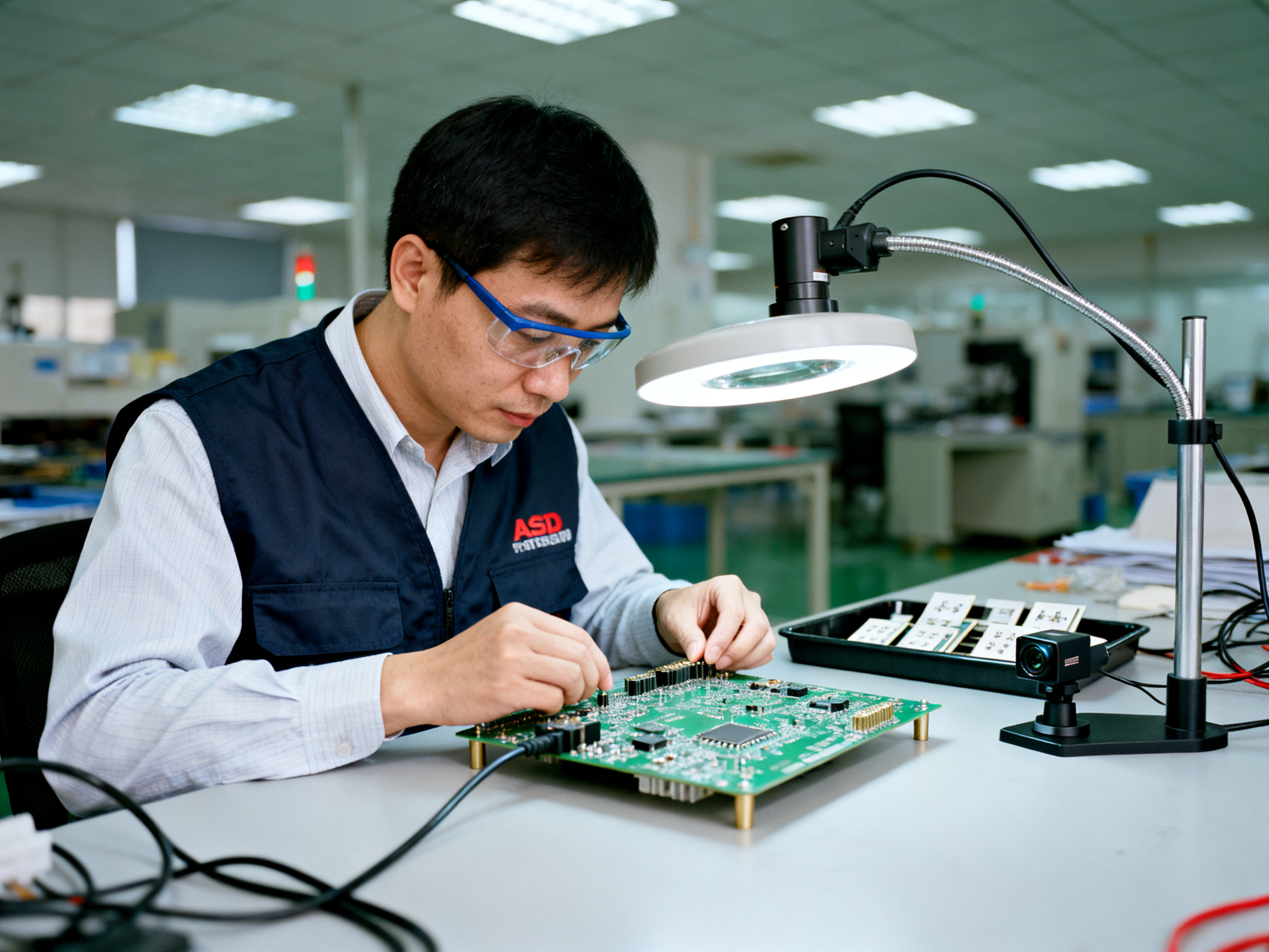 Industrial documentary photograph of a quality control station on an electronics.