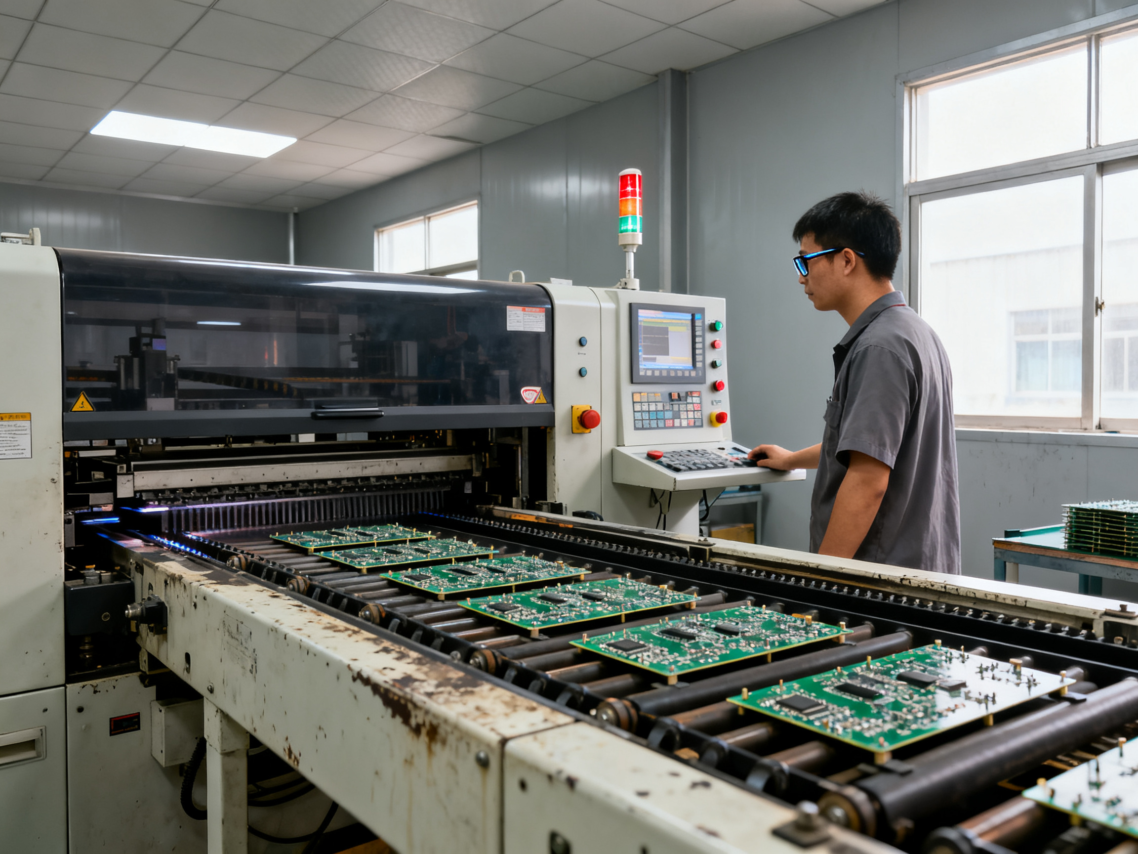 Industrial documentary photograph of an electronics factory floor showing a wave.