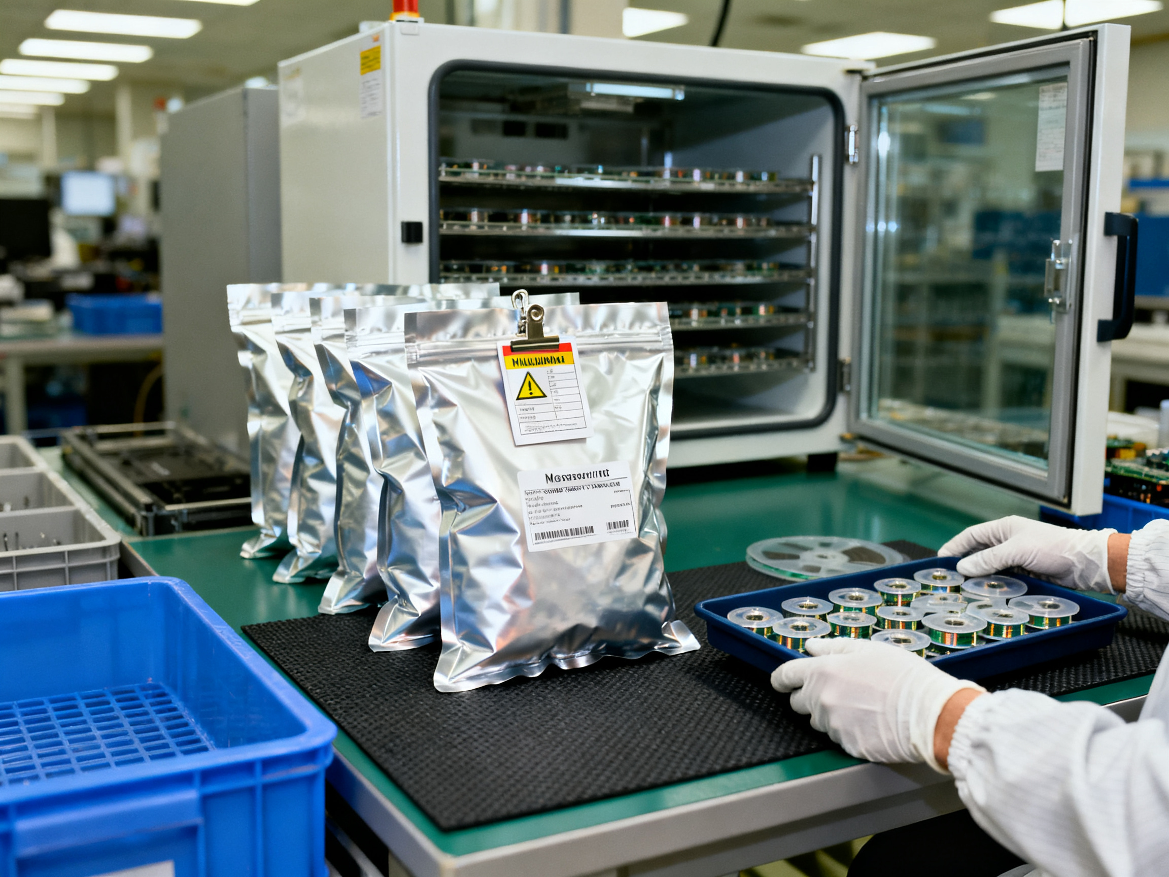 Industrial documentary photograph of moisture sensitive components in sealed moisture barrier bags.
