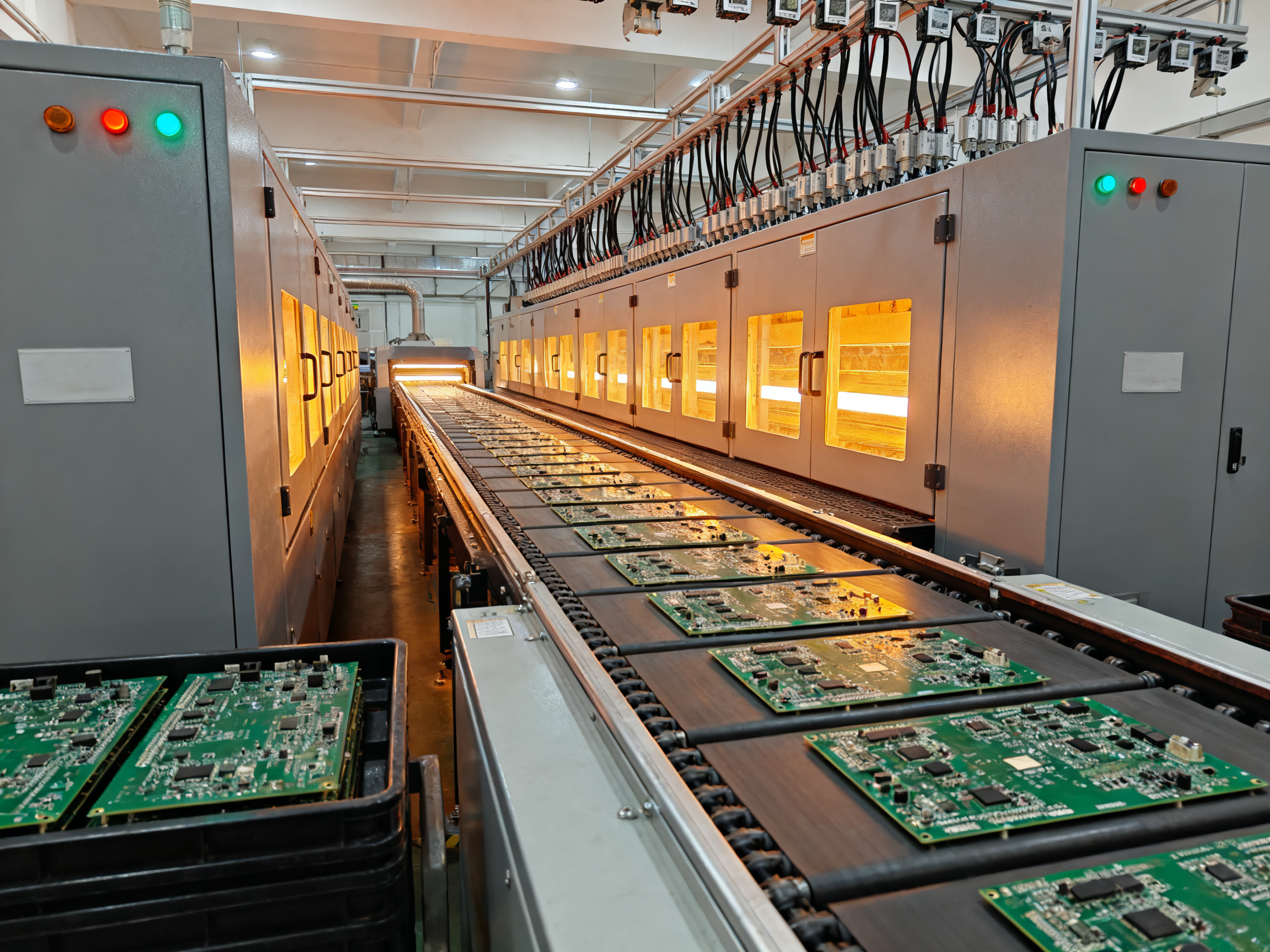 Industrial documentary photography continuous inline reflow oven in an electronics production facility.