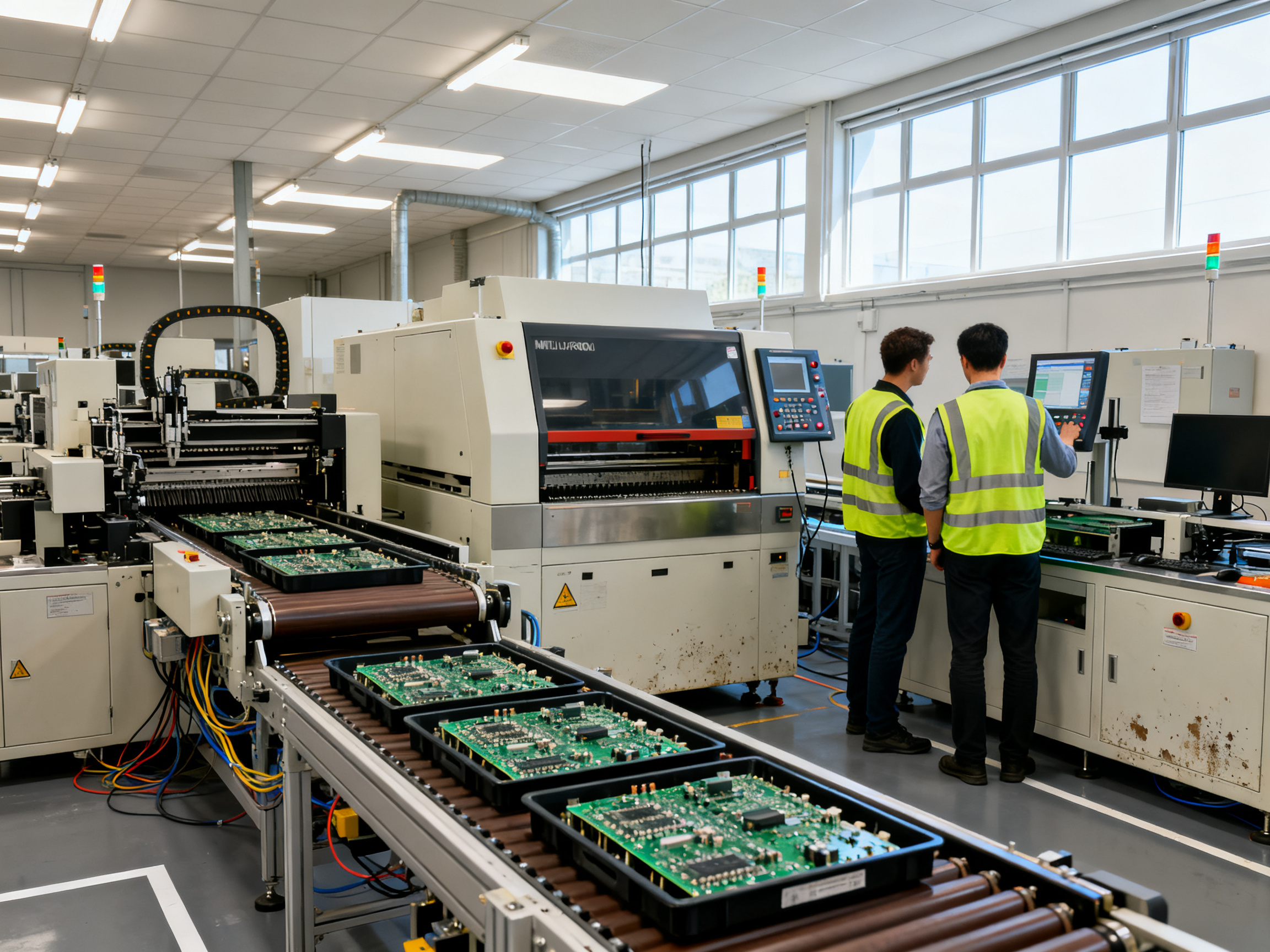 Industrial documentary photography of an SMT production line with a reflow oven.