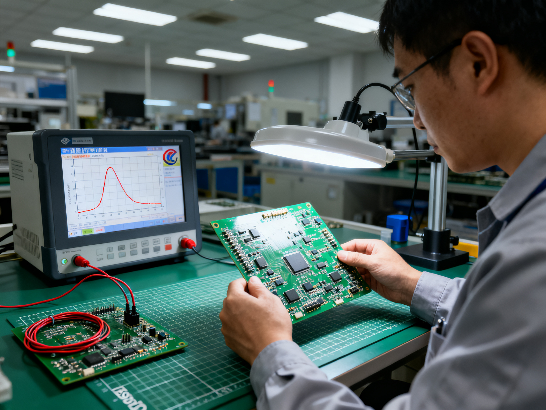Industrial documentary photography quality engineer in electronics factory inspecting circuit boards.