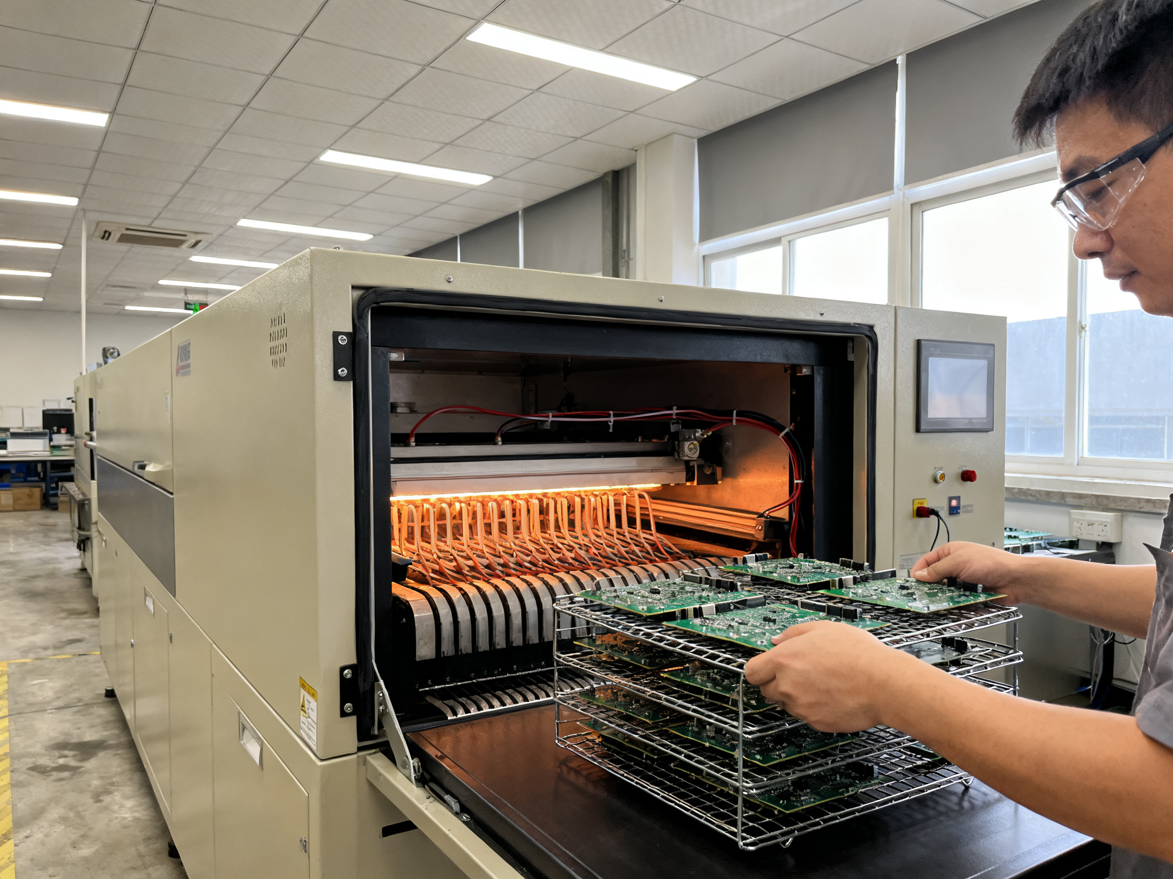Industrial documentary photography small batch reflow oven in an electronics assembly facility.