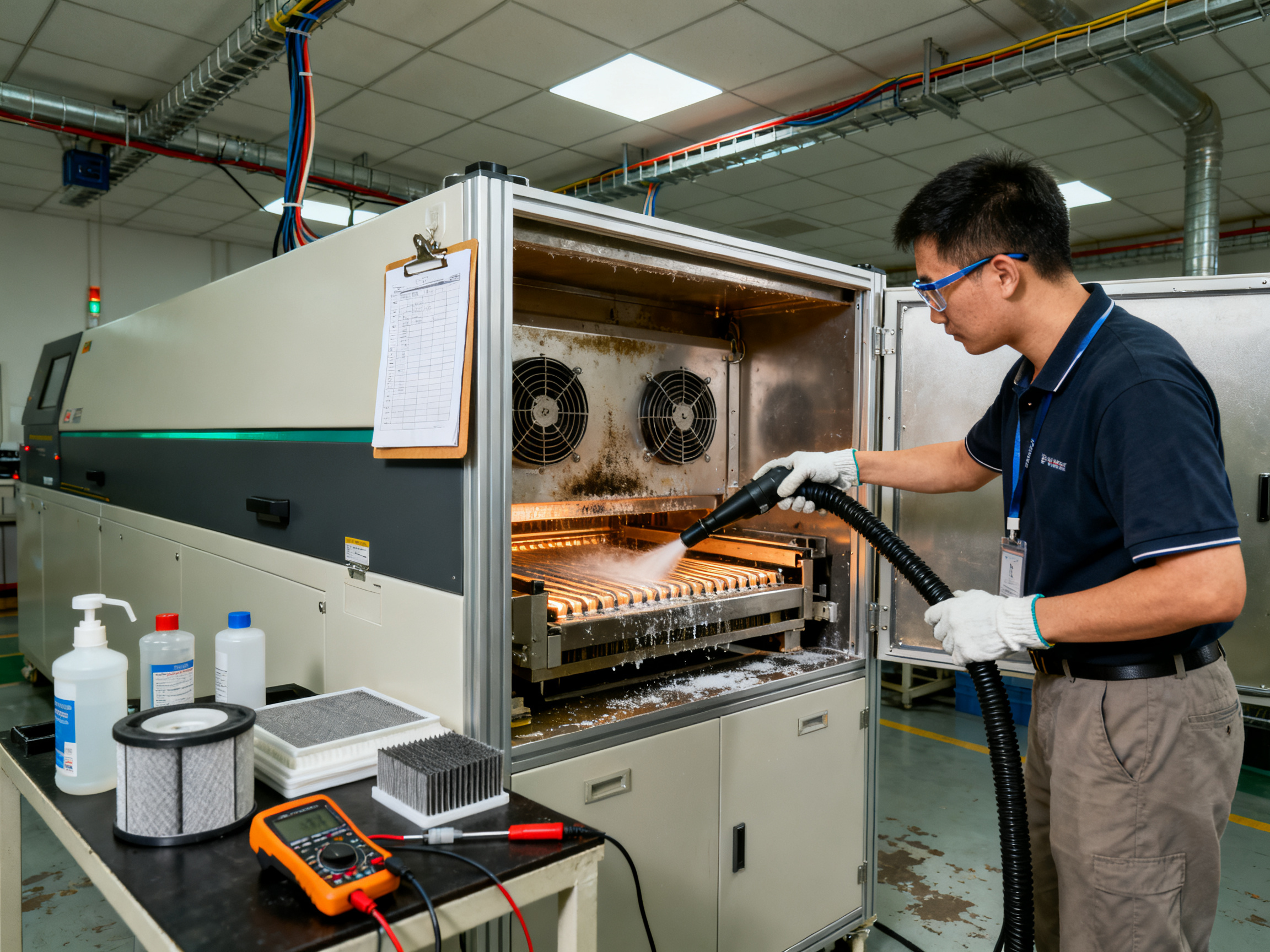 Maintenance technician cleaning flux residue from the heating chamber of a reflow oven.