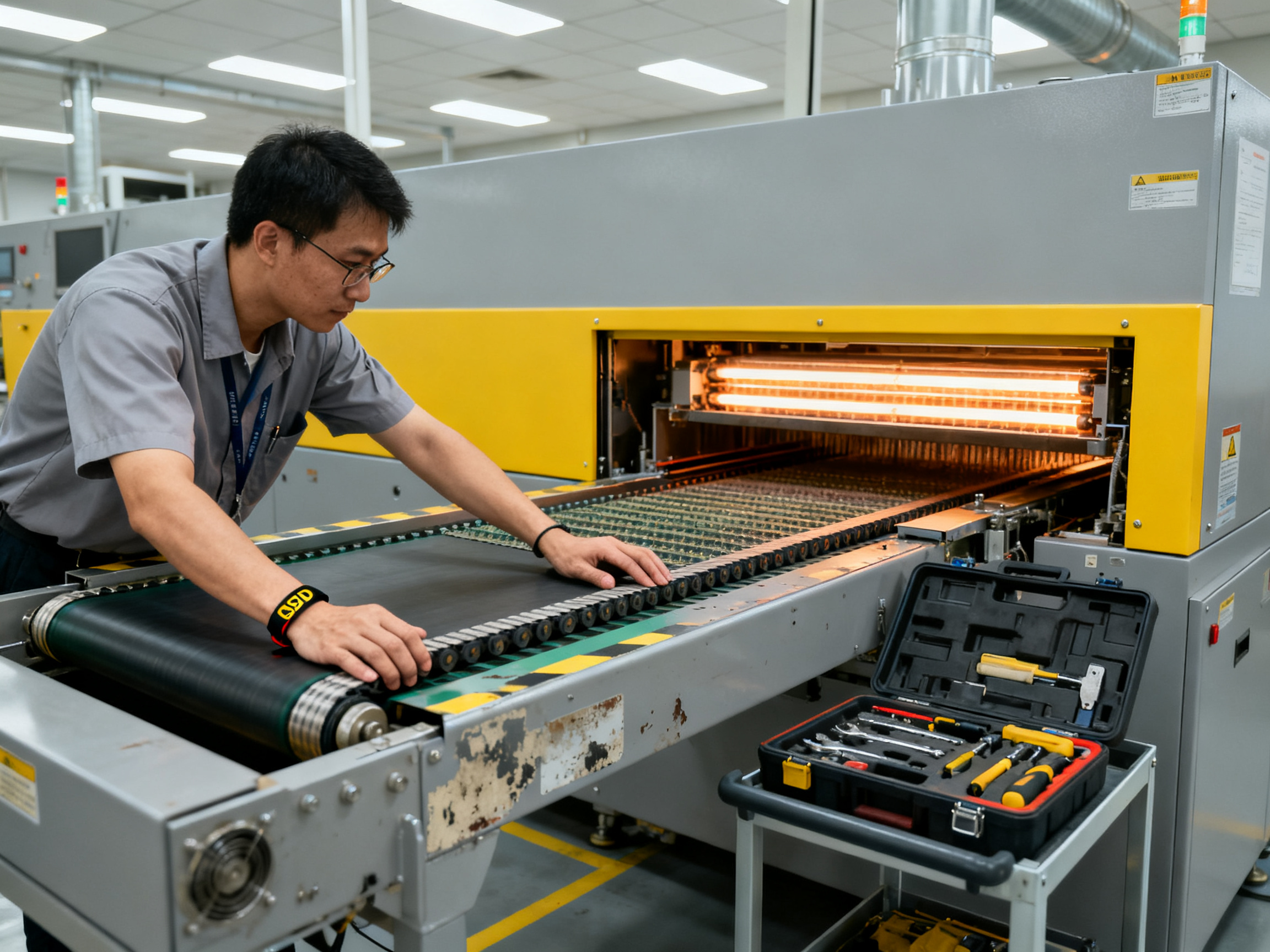 Maintenance technician performing routine service on reflow oven conveyor system for preventive maintenance.