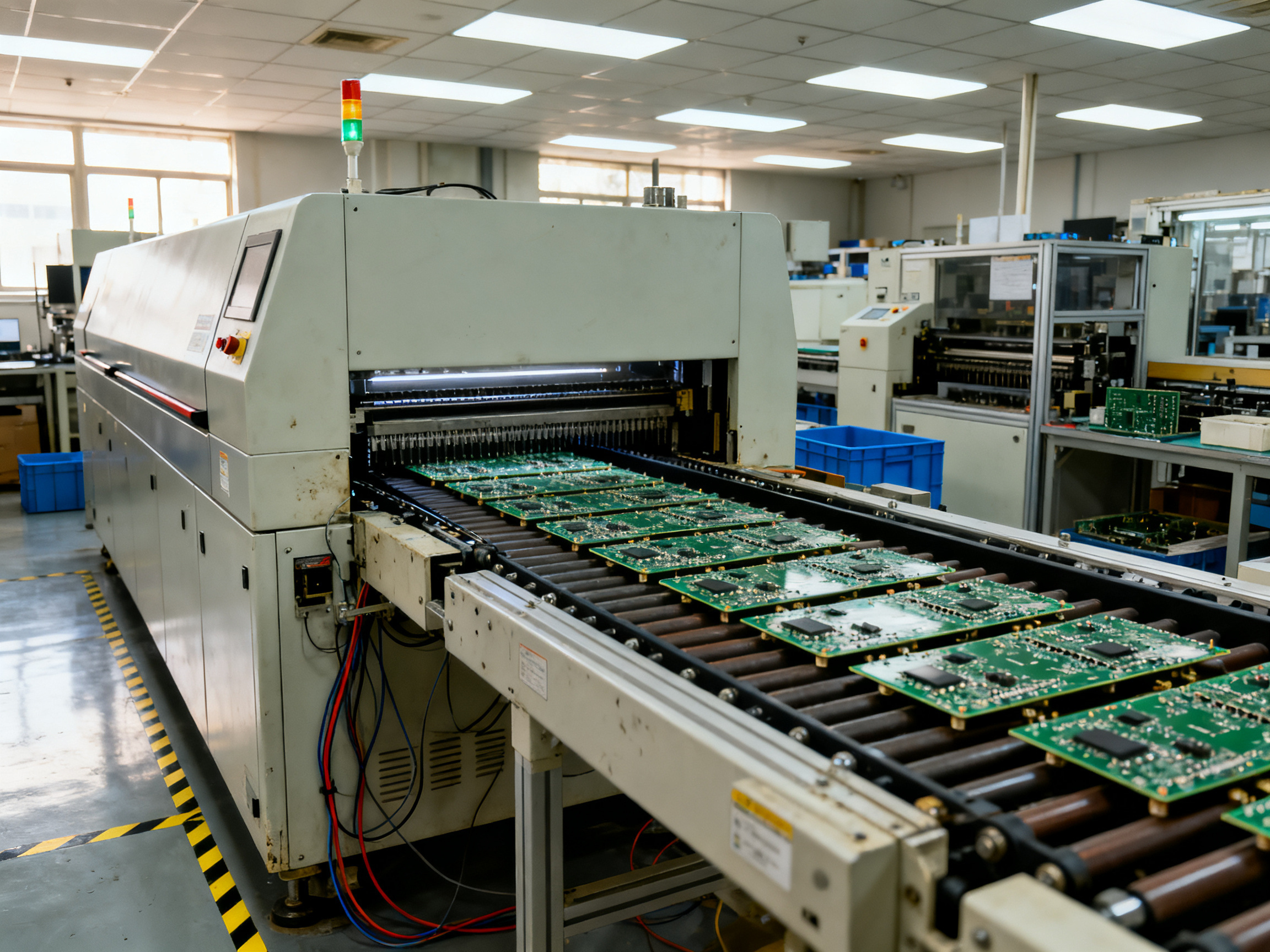 A medium shot at chest height smt production line showing the entry side of a refl.