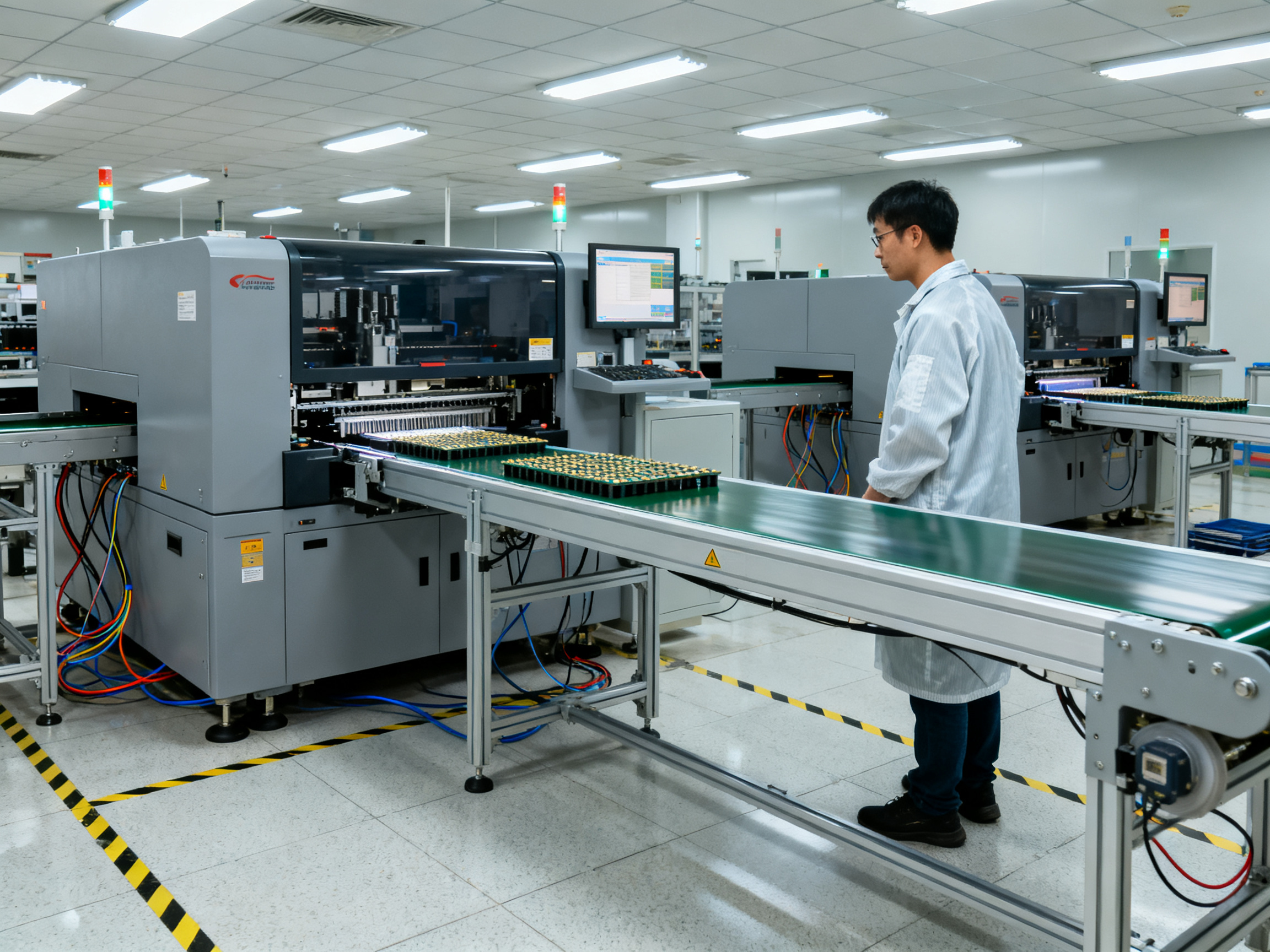 Medium shot chest height fluorescent lit SMT factory floor showing a straight belt conveyor in production setting.