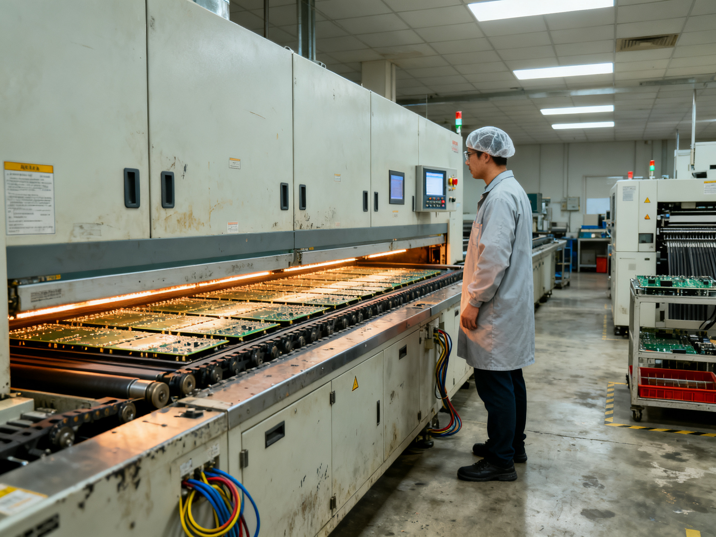 A medium shot of a forced hot air convection reflow oven in an electronics assembl.