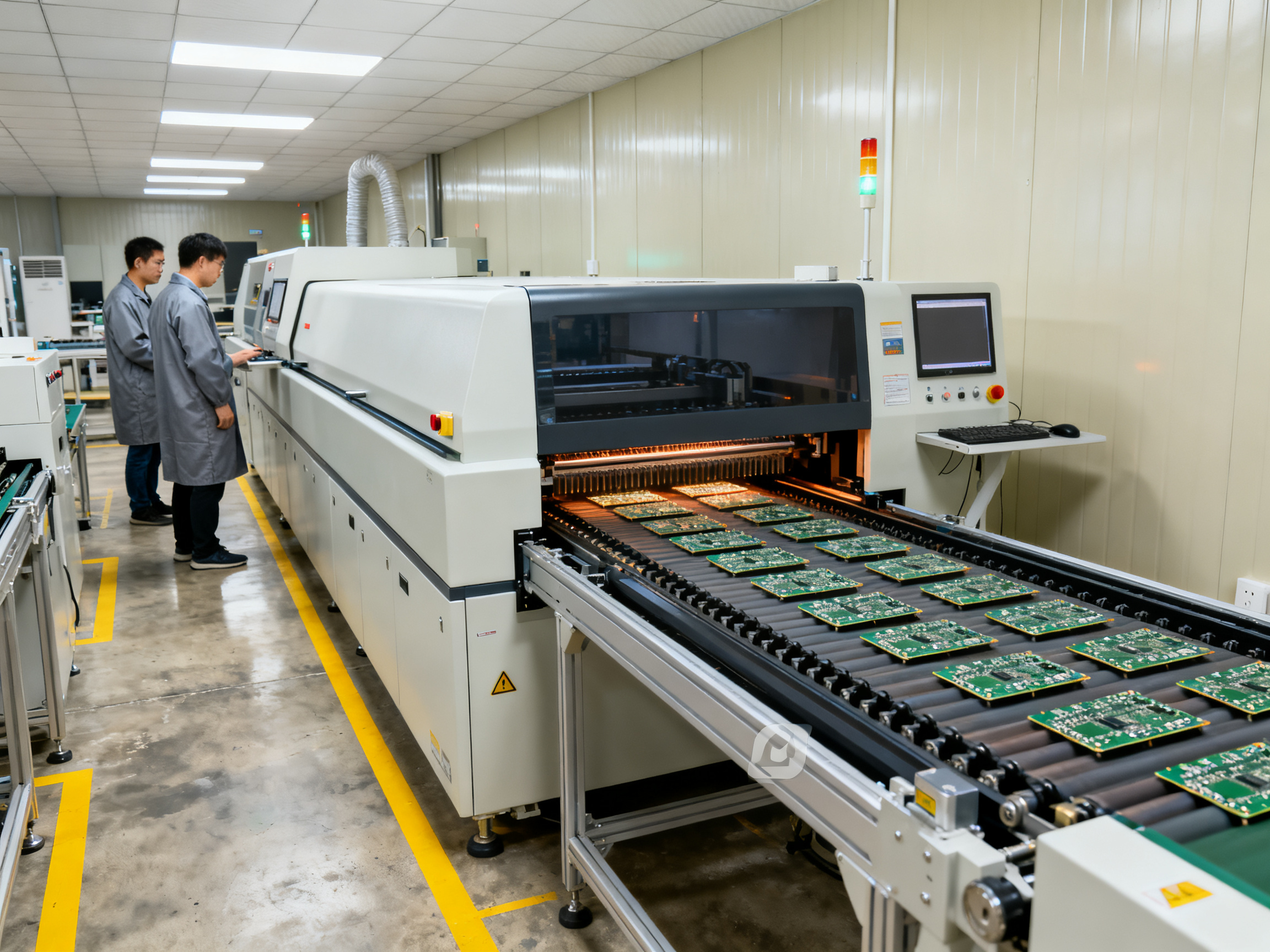 Medium shot of a reflow oven in an electronics SMT assembly line conveyor belt.