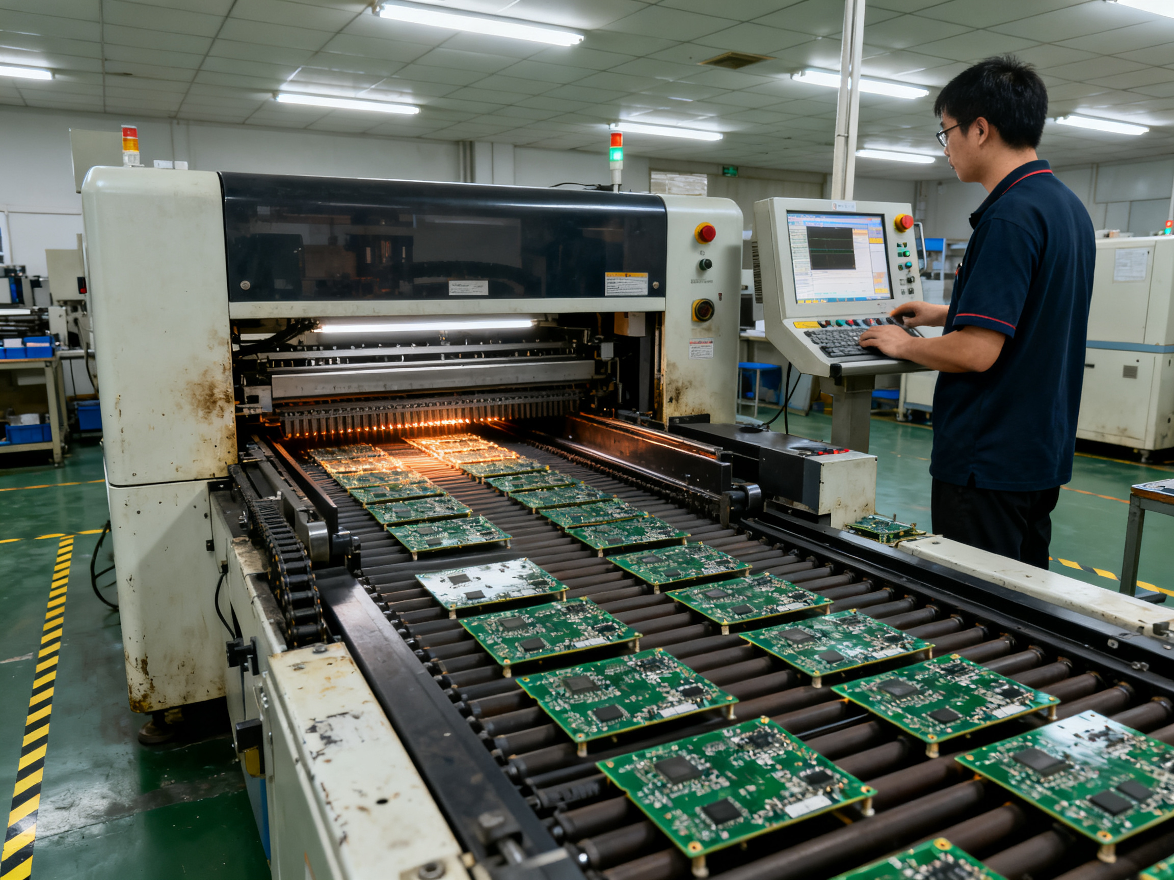Medium shot of a wave solder machine integrated into an electronics assembly line.