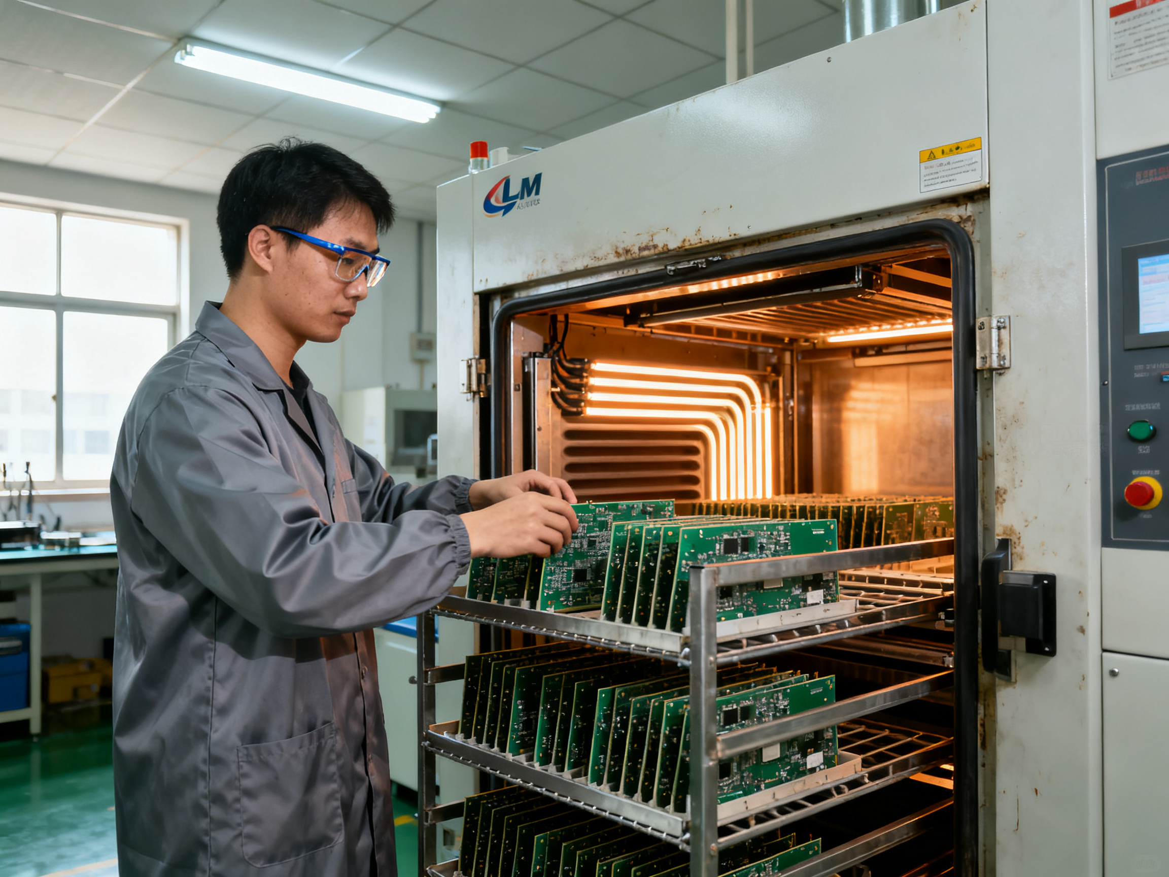 Medium shot of an engineer in safety glasses and esd coat carefully loading pcbs.