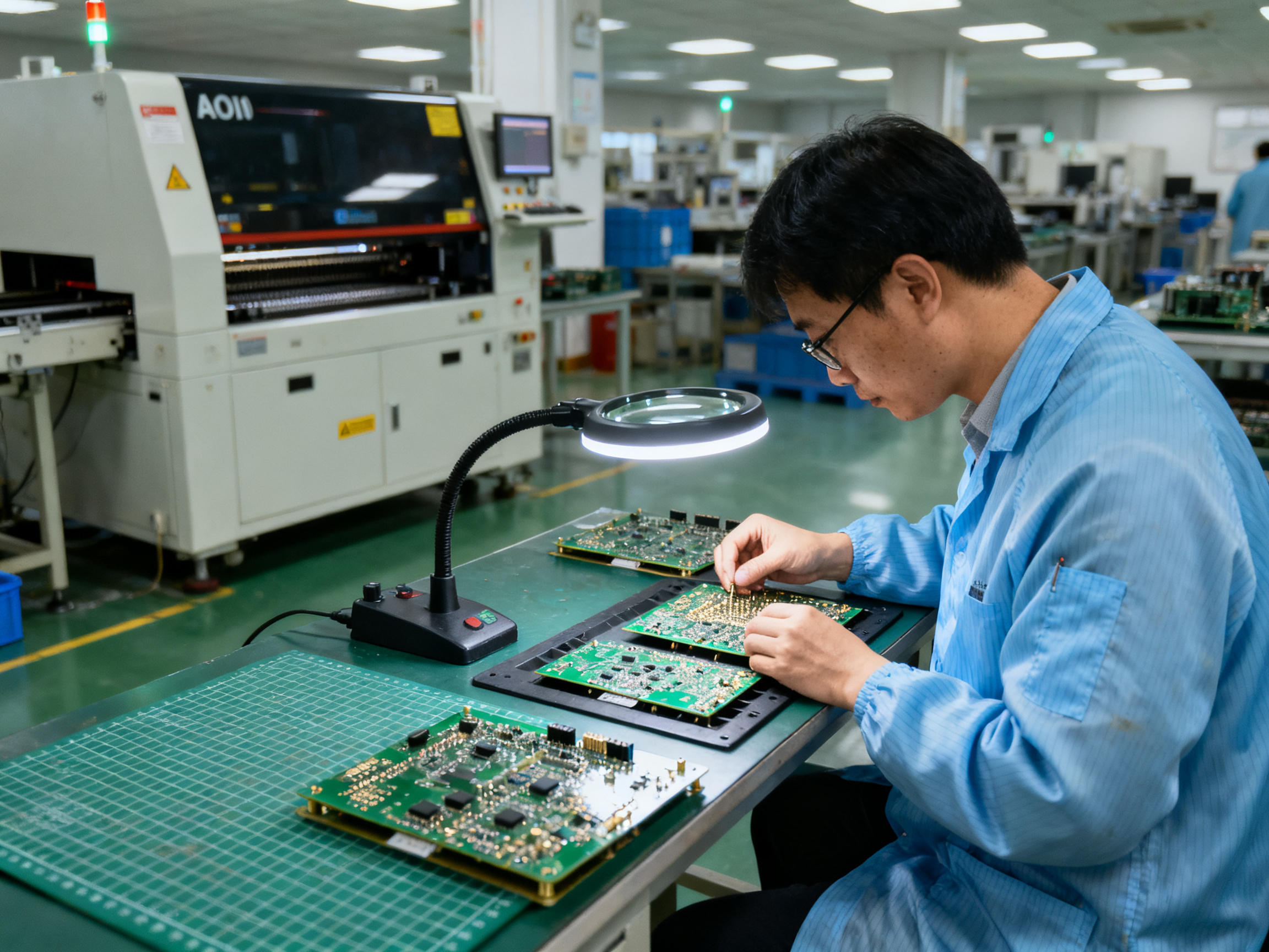 A medium shot of post reflow inspection station with operator examining soldered p.