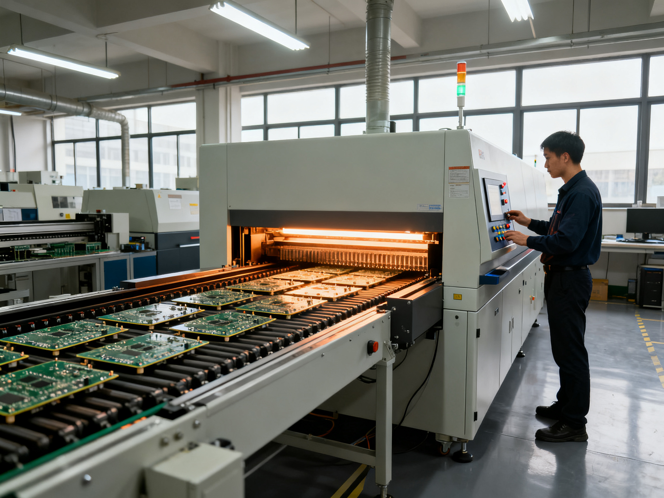 Mid range documentary view of a reflow oven in an electronics smt production lin.