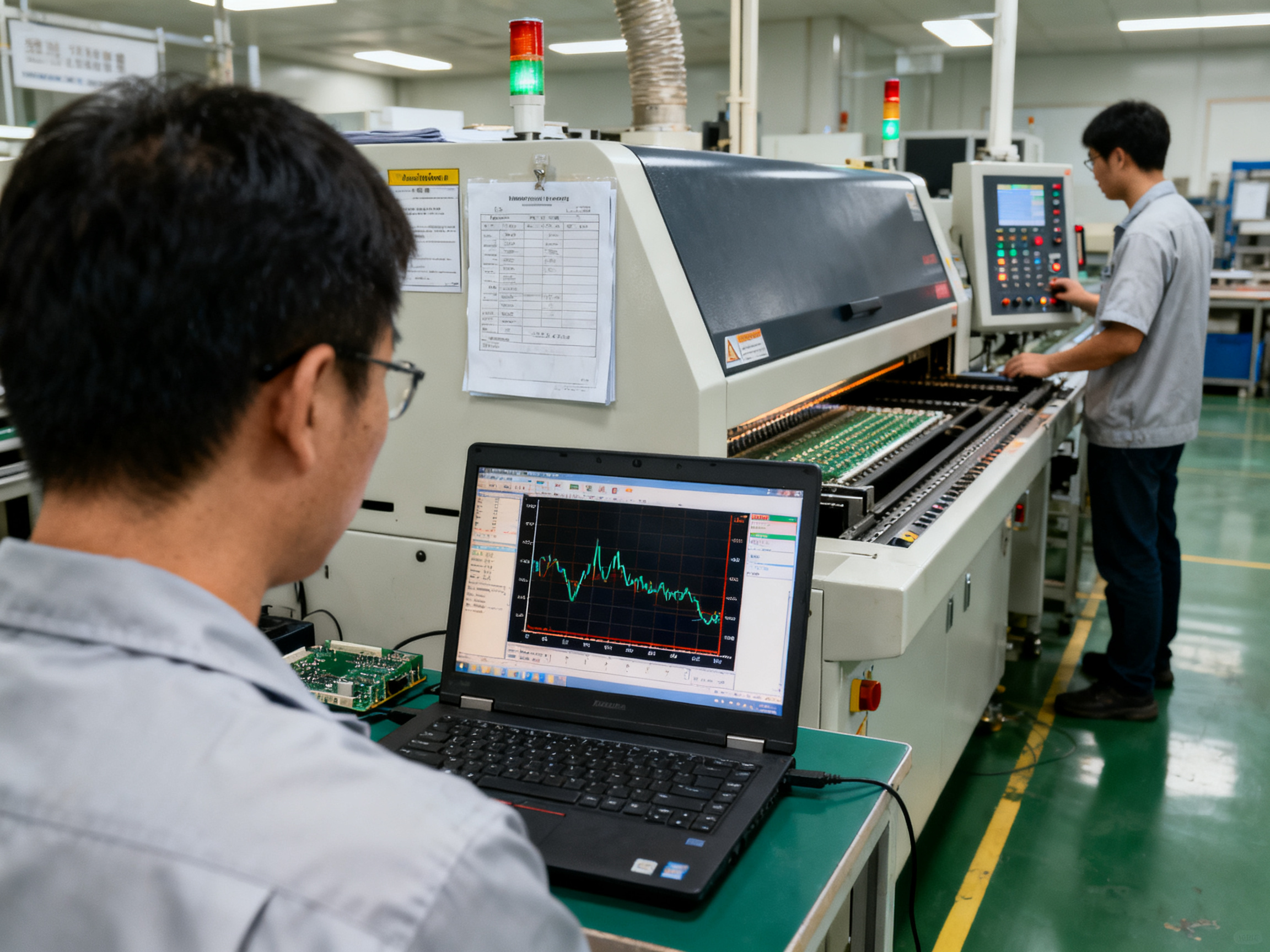 An over the shoulder documentary view of an engineer reviewing thermal profile data.