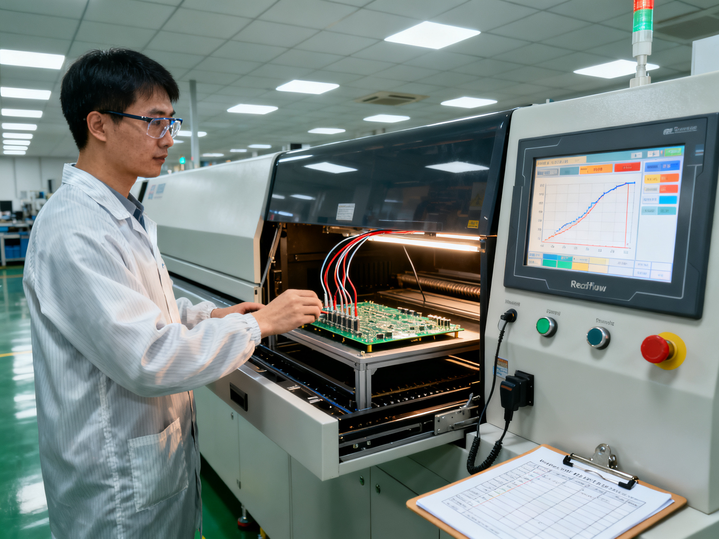 Process engineer validating reflow oven thermal profile on a production line.