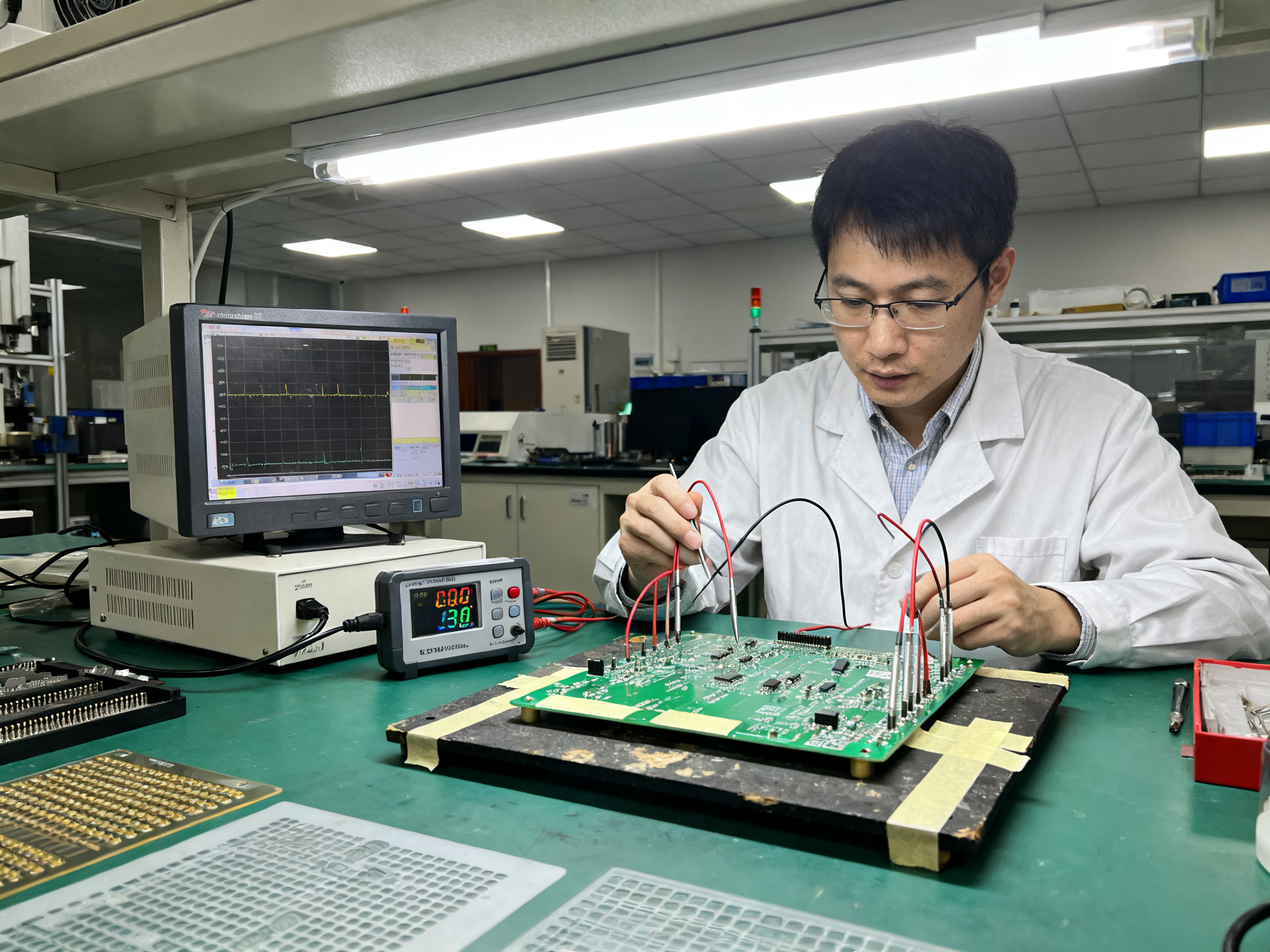 Process engineer validating reflow thermal profile thermocouples attached to pcb.