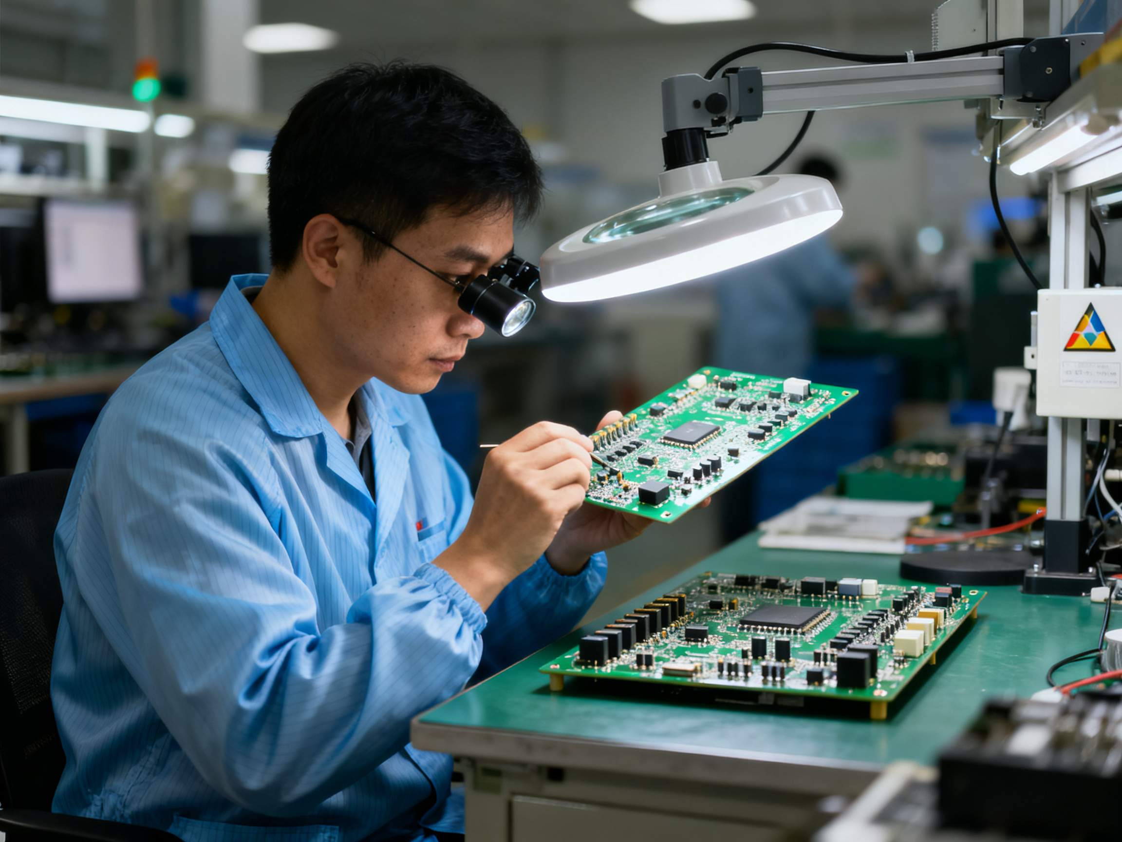 Quality control technician inspecting finished soldered pcb under magnifying lamp.